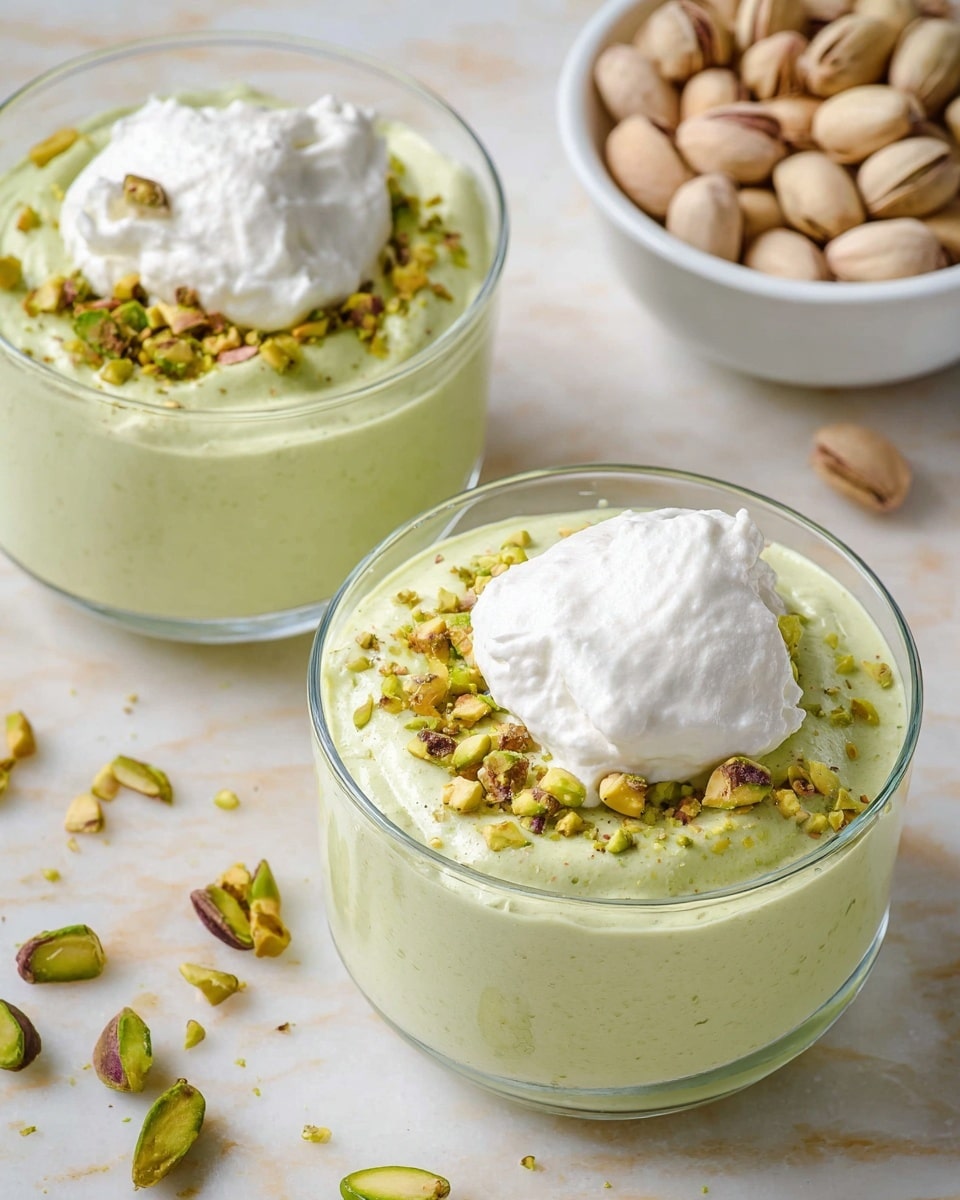 Two clear glass bowls filled with a light green creamy dessert form the main focus. Each bowl has one big dollop of white cream placed slightly off-center on top. Around the cream, small crushed pieces of pistachio nuts add texture and contrast with pale green and brown shades. In the background on the right, there is a white bowl full of whole pistachio nuts with their shells and some loose green pistachios scattered around on a white marbled surface. The overall scene is bright and clean with soft natural light. photo taken with an iphone --ar 4:5 --v 7