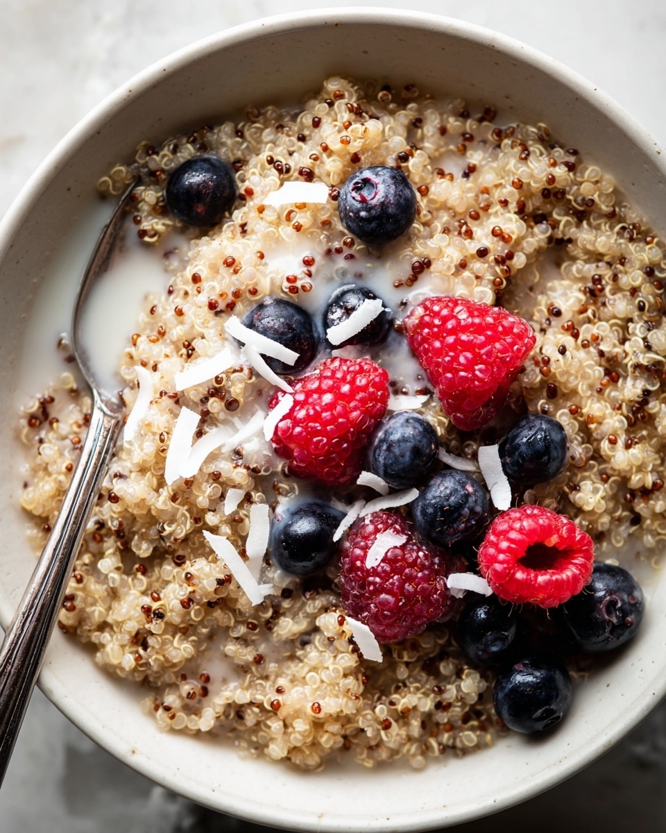 A close-up view of a bowl with cooked quinoa that looks fluffy and light brown with dark grains mixed in, topped with bright red raspberries and dark blue blueberries on the right side, scattered white coconut flakes in the center, and a creamy white liquid pooling between the grains. A vintage silver spoon is partly buried in the quinoa on the left side of the white bowl. The bowl sits on a white marbled surface. photo taken with an iphone --ar 4:5 --v 7
