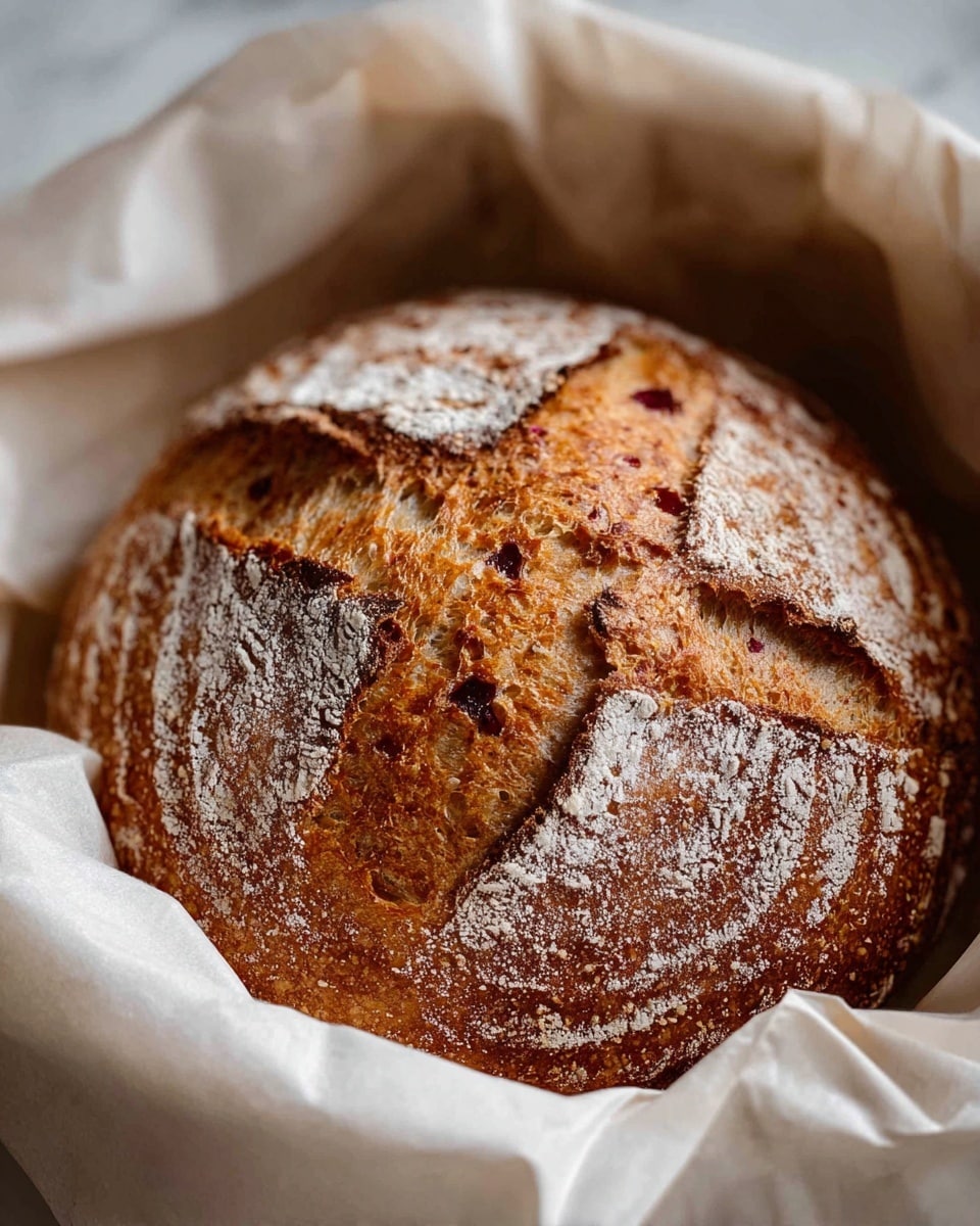 A round loaf of bread with a golden brown crust sits inside white parchment paper, its top showing a textured cross pattern dusted lightly with flour, highlighting a contrast between the darker crust and the lighter, fluffy inside. The crust has a rough, crunchy look with some small darker spots, while the surrounding parchment paper softly folds around the bread, adding a gentle frame. The whole scene is set on a white marbled surface. photo taken with an iphone --ar 4:5 --v 7