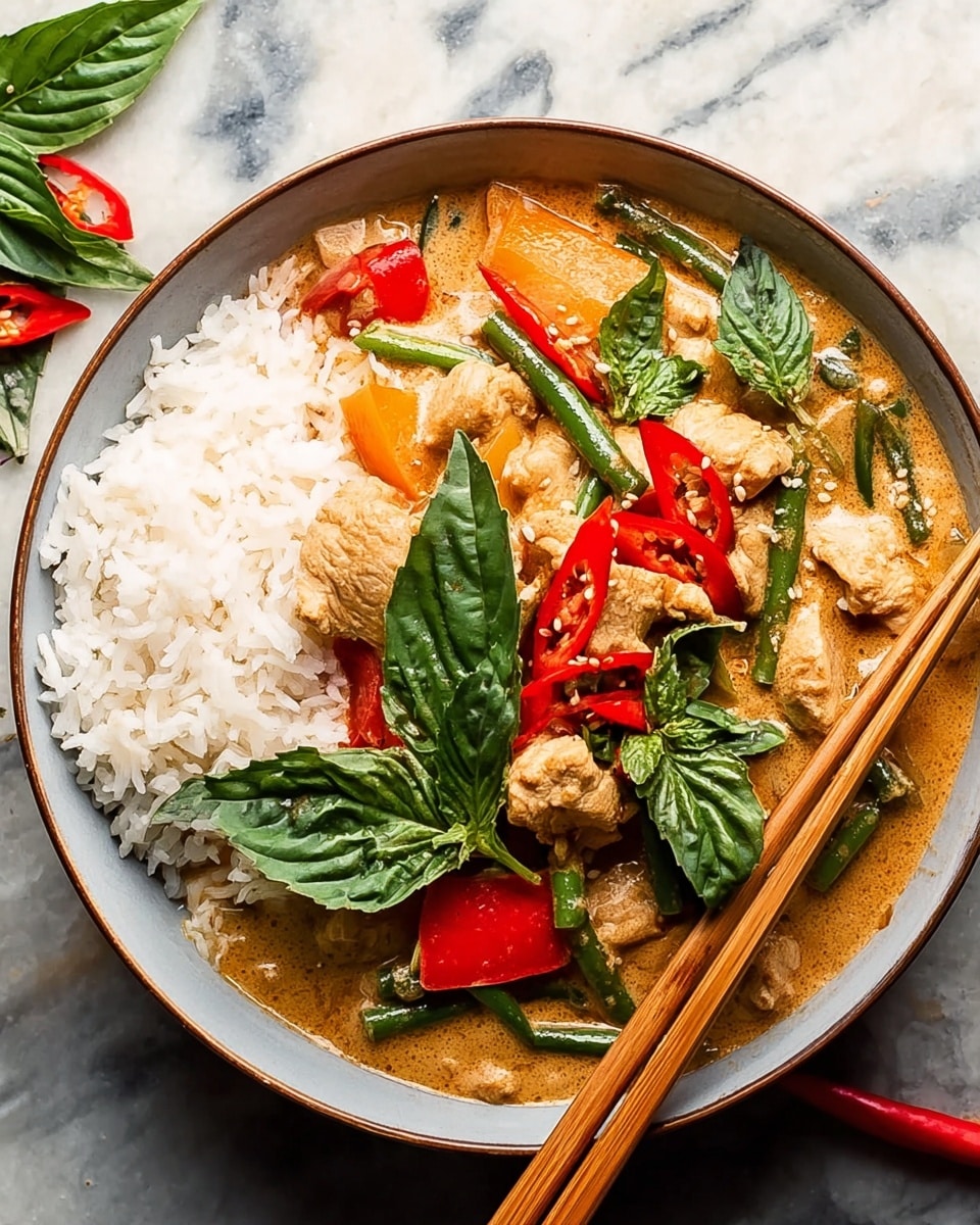The dish is served in a deep white bowl filled halfway with white rice on the left side, and a creamy light brown curry with pieces of chicken, orange chunks, red bell pepper strips, and green beans on the right side. The curry is topped with bright green fresh basil leaves and thin slices of red chili peppers. A pair of wooden chopsticks rest on the edge of the bowl, while some additional basil leaves and chili slices are seen scattered around the bowl on a white marbled surface. Photo taken with an iphone --ar 4:5 --v 7