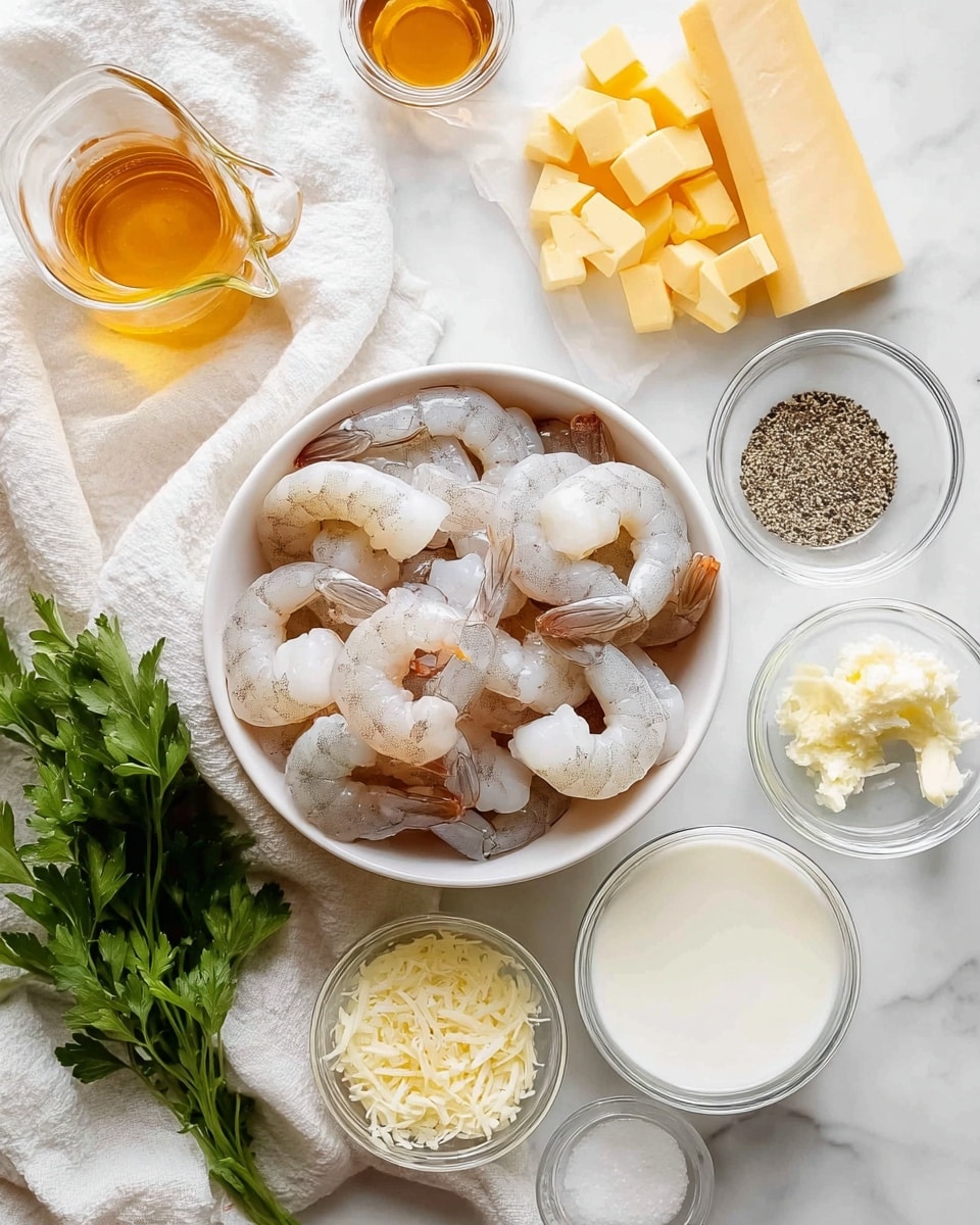 A white bowl filled with raw, peeled shrimp sits center on a white marbled surface. Surrounding the bowl are several small clear glass bowls: one with yellow butter cubes, one with black pepper and white salt half and half, one with a small pile of minced garlic, another with shredded cheese, and one more with black pepper alone. Also visible are a small glass jug of golden liquid, a small bowl of white cream or milk, a block of hard yellow cheese, and fresh green parsley on the surface. The items are set on a white cloth that adds texture to the scene. photo taken with an iphone --ar 4:5 --v 7