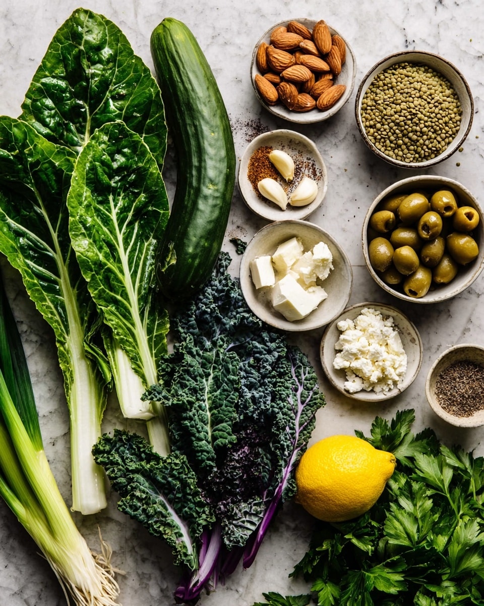 The image shows a top view of fresh ingredients laid out neatly on a white marbled surface. On the left, there are large dark green leafy vegetables with thick white stems, and below them are smaller curly purple and green leaves. Next to the leaves are long green onions and a dark green cucumber extending horizontally. On the right side, there are several small white bowls filled with light brown almonds, crumbly white cheese, green olives, and a mix of spices with two garlic cloves. A bright yellow lemon and a bowl of green lentils are also visible near the top. Fresh green parsley lies at the bottom right. The lighting is soft, and the colors are vibrant and natural photo taken with an iphone --ar 4:5 --v 7