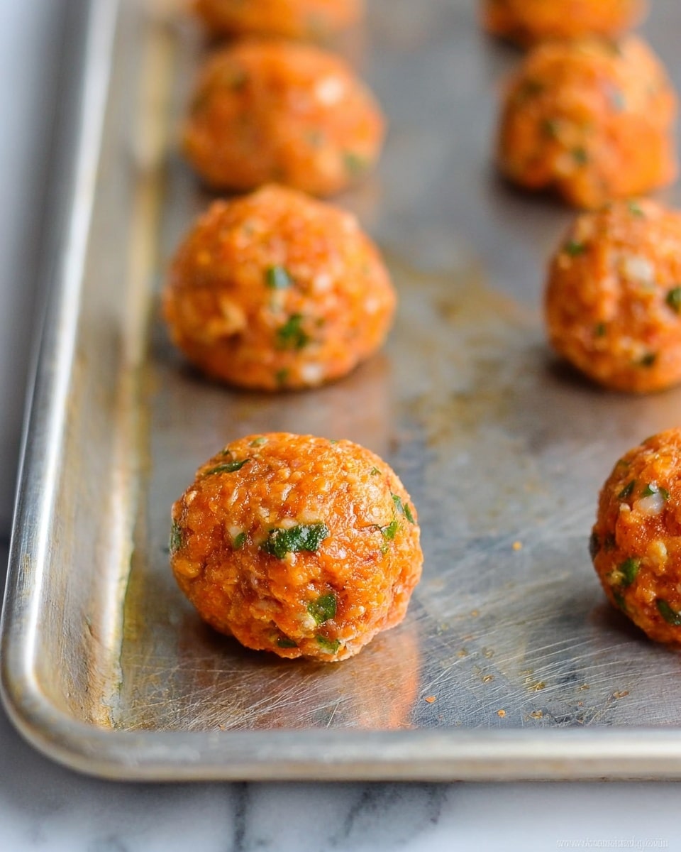The image shows several small round orange meatballs with green herbs mixed inside, placed evenly spaced on a silver baking tray. Each meatball has a rough texture with visible bits of herbs and small white pieces throughout. The tray fills most of the frame and has a slightly worn look with some scratches and spots. The background is a white marbled surface slightly visible at the bottom edge. photo taken with an iphone --ar 4:5 --v 7