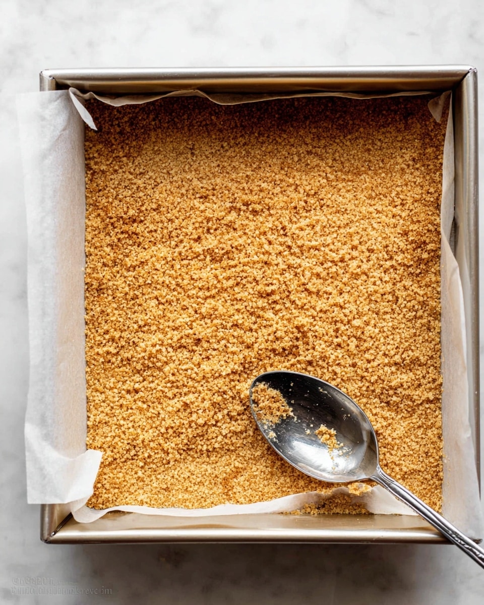 The image shows a single, even layer of golden brown crumb crust pressed firmly into a square metal baking pan lined with white parchment paper that folds over the edges. A shiny silver spoon rests on the crust near the bottom right corner with some crumbs on it, suggesting the crust has been smoothed and pressed. The baking pan sits on a white marbled surface with soft natural light coming from above, highlighting the texture of the crumb layer. photo taken with an iphone --ar 4:5 --v 7