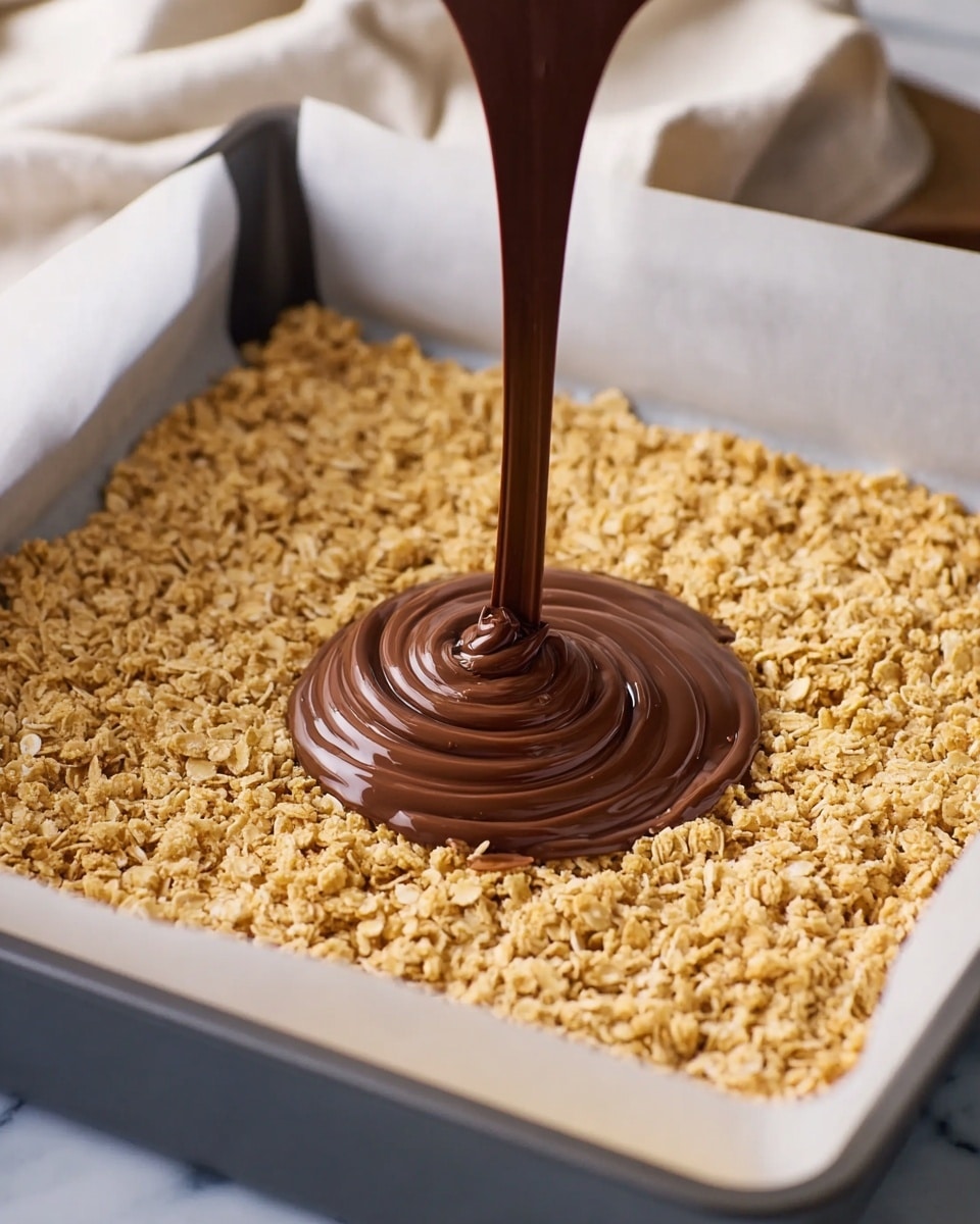 A rectangular baking tray lined with white parchment paper holds a thick, even layer of golden oats with a rough texture. In the center, smooth, dark brown chocolate sauce is being poured, forming a shiny spiral mound that contrasts with the oat layer below. The white marbled surface supports the tray, and part of a woman's hand and white cloth can be seen in the blurred background. photo taken with an iphone --ar 4:5 --v 7