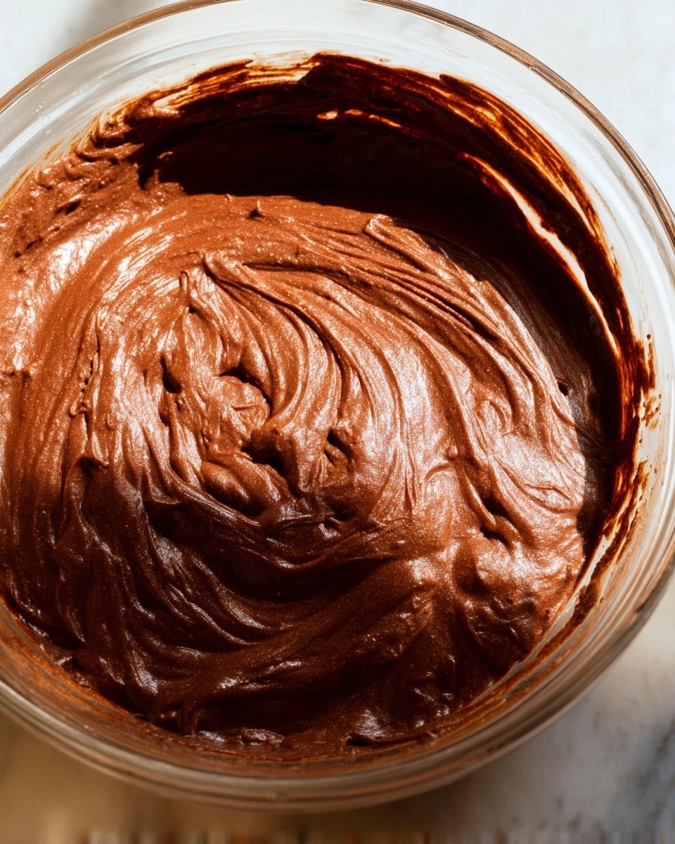 A close-up view of a glass bowl filled with thick, smooth chocolate batter that has a shiny surface with gentle swirls and soft peaks all over, giving it a rich and creamy texture. The batter is evenly spread inside the bowl, showing a deep brown color with light reflecting off its moist surface. The bowl sits on a white marbled texture under warm, natural lighting that highlights the glossy finish of the chocolate mixture photo taken with an iphone --ar 4:5 --v 7