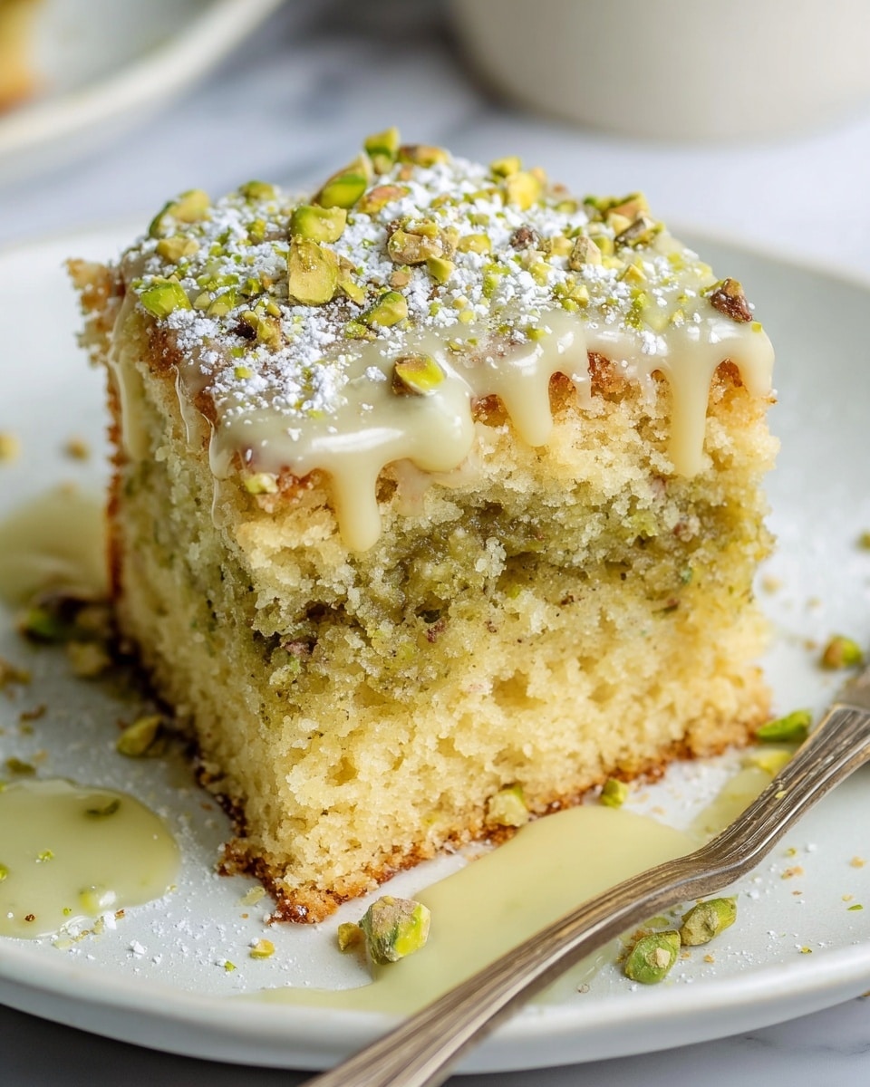 A close-up of a single square piece of cake on a white plate, showing three visible layers: a golden-brown bottom layer with a firm texture, a middle layer with a greenish pistachio filling mixed into the cake, and a top crumbly layer with light brown and green specks. The top of the cake is covered with a light green glaze that drips slightly down the sides, sprinkled with crushed pistachio nuts and dusted with white powdered sugar. The cake sits on a white marbled surface, next to a silver fork resting on the plate. photo taken with an iphone --ar 4:5 --v 7