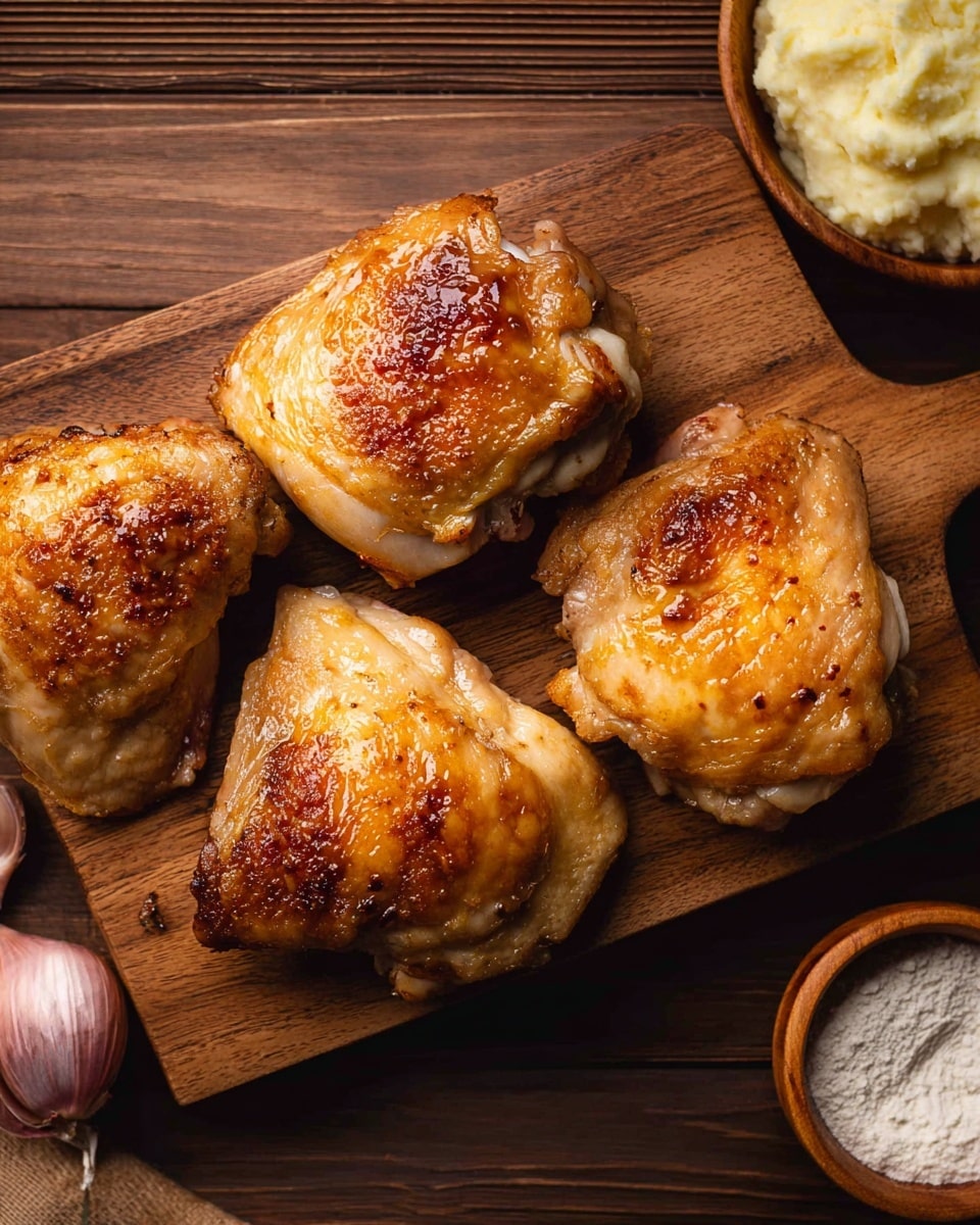 Four roasted chicken thighs with golden brown, crispy skin are arranged closely together on a wooden cutting board with a handle. The texture of the chicken skin shows slight bubbles and a shiny, roasted finish. The background features a dark brown wooden surface with visible wood grain. To the right, there is a ceramic bowl of mashed potatoes and a small wooden bowl containing white flour, partially visible. The image has warm lighting that enhances the rich colors and textures of the food. Photo taken with an iphone --ar 4:5 --v 7
