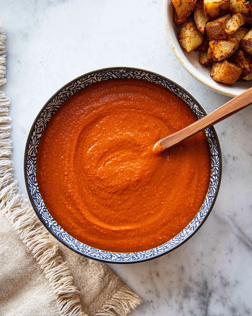 A round bowl with a blue and white rim holds a smooth, thick orange-red sauce that fills the bowl almost to the top. A wooden spoon rests inside the bowl, blending gently into the sauce, showing a slight swirl pattern on the surface. In the top right corner, a part of a white bowl filled with browned, crispy potato pieces is visible. Below the bowl with sauce, part of a fringed, light beige cloth is laid on a white marbled surface. Photo taken with an iphone --ar 4:5 --v 7