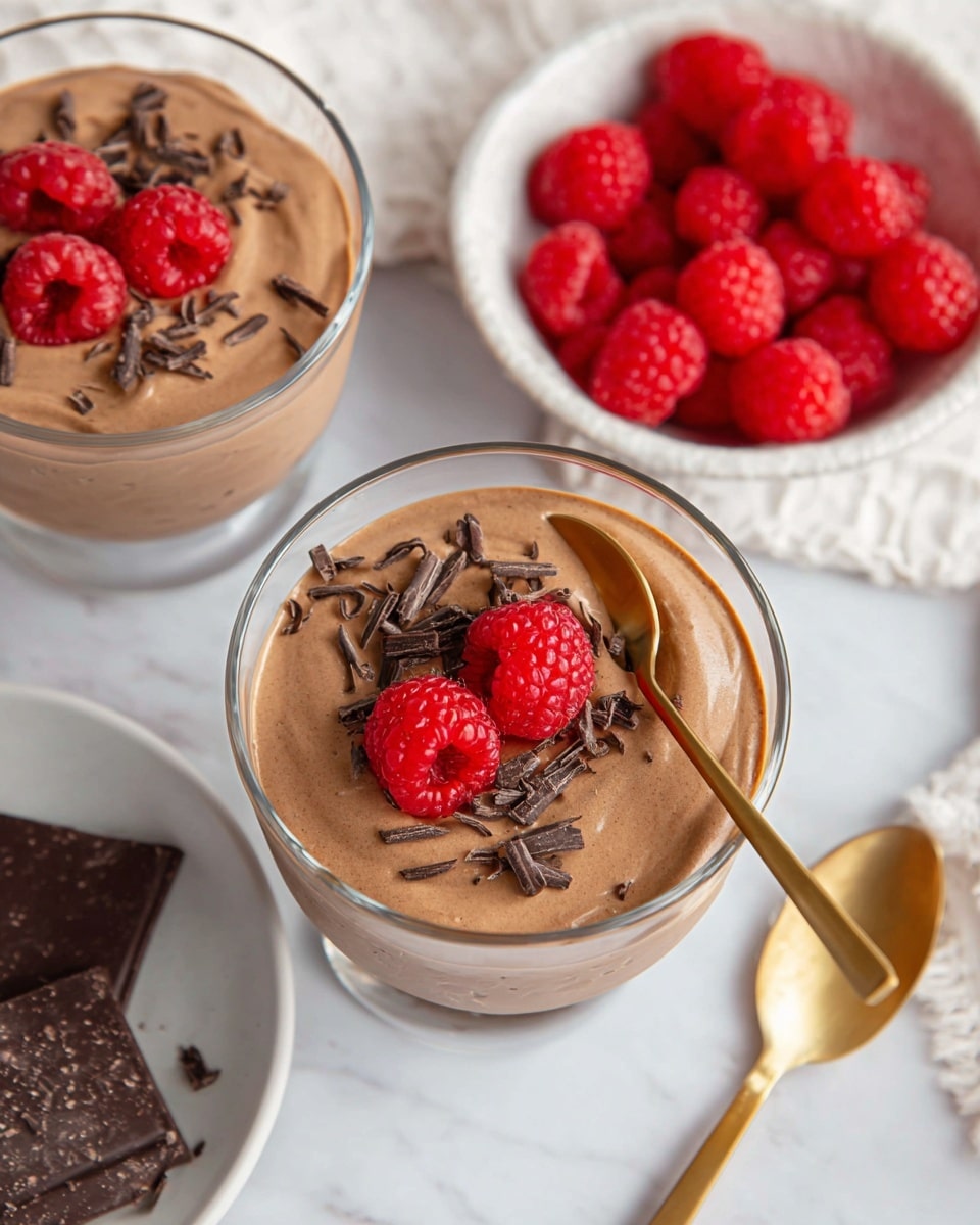 The image shows two clear glass bowls filled with smooth chocolate mousse that has a light brown color and creamy texture. On top of each mousse layer, there are two bright red raspberries and small dark brown chocolate curls scattered around. A golden spoon rests across the top bowl, adding a shiny contrast. Nearby, there is a small white bowl filled with fresh red raspberries and a white plate with pieces of dark chocolate on a white marbled surface in the background. photo taken with an iphone --ar 4:5 --v 7