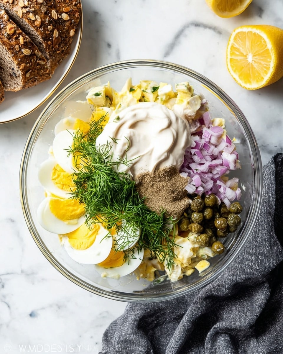 A clear glass bowl sits on a white marbled surface, filled with multiple layers of ingredients ready for mixing. The base layer is chopped yellow and white hard-boiled eggs, topped with a dollop of creamy white mayonnaise. Next to the mayo is a small mound of coarse ground black pepper and brown mustard, contrasting with the fresh green sprigs of dill placed centrally. Above these, finely chopped purple-red onions are scattered, alongside small, dark green capers. In the scene, a sliced lemon sits to the right of the bowl, a dark gray cloth is draped on the surface, and a white plate with slices of multi-seed bread is partly visible at the top left. Photo taken with an iphone --ar 4:5 --v 7