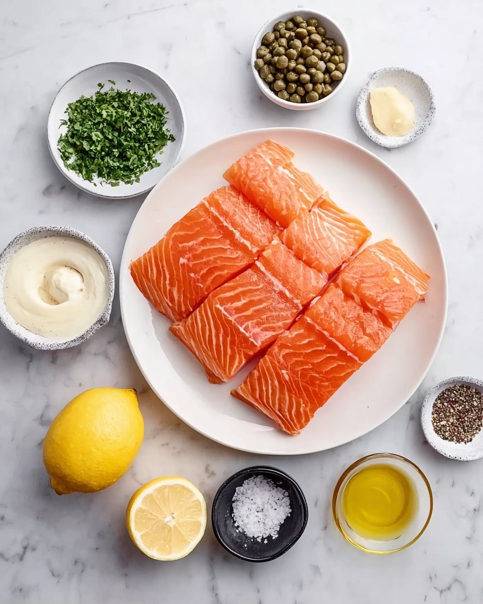 The image shows a white plate in the center holding five raw salmon fillets with bright orange color and white lines running through them. Surrounding the plate are small white bowls with different ingredients: one filled with green chopped herbs, another with plump capers, one with a creamy white sauce, and a fourth with a light yellow mustard sauce. Below the plate are a yellow lemon, a bowl with cracked black pepper, a black bowl with coarse salt, and a small white bowl holding minced garlic and ginger. A small glass dish with a bit of oil is also present. All items rest on a white marbled surface. Photo taken with an iphone --ar 4:5 --v 7
