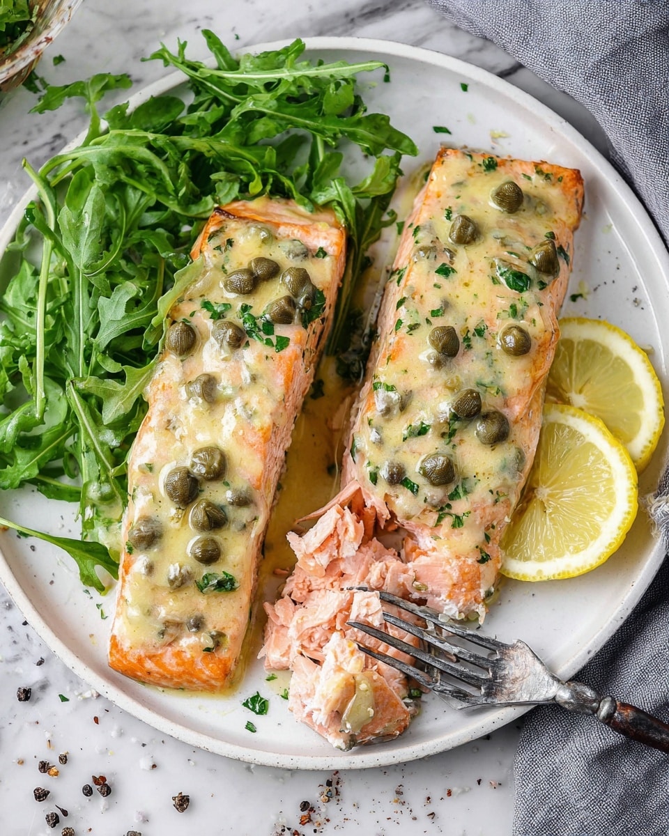 Two pieces of salmon with a creamy herb sauce covered in green capers sit on a white plate. One piece remains whole while the other is slightly broken apart with a silver fork on the right side, showing the pink, flaky texture inside. Behind the salmon, there is a small pile of fresh green arugula leaves and two thin lemon slices. The plate rests on a white marbled surface with some scattered black pepper and a gray cloth in the top right corner. photo taken with an iphone --ar 4:5 --v 7