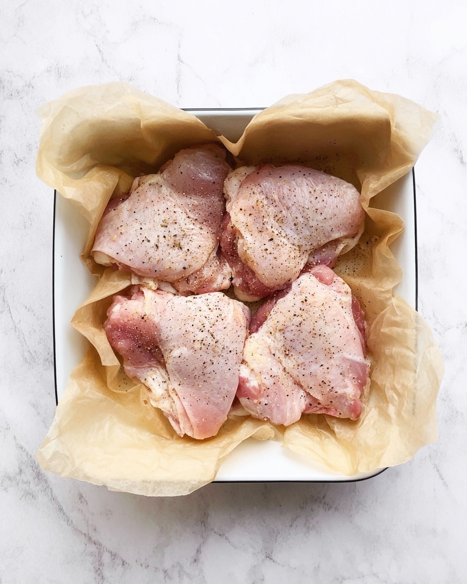 Four pieces of raw pink chicken thighs with white fat edges are placed in a white square baking dish lined with light brown parchment paper. The chicken pieces are lightly sprinkled with black pepper. The dish sits on a white marbled surface. photo taken with an iphone --ar 4:5 --v 7