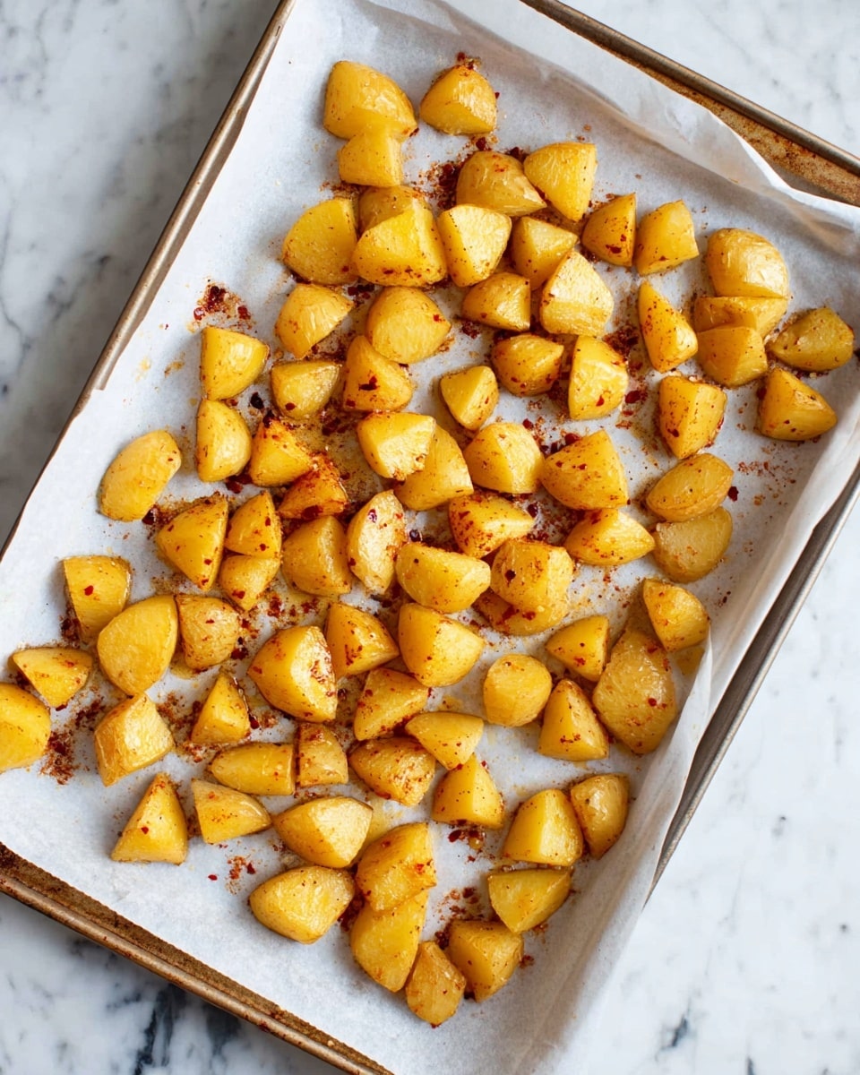 The image shows a baking tray lined with white parchment paper, filled with small chunks of golden yellow potatoes spread out in an even layer. The potatoes have a slightly shiny texture with some reddish spices sprinkled over them, giving a hint of seasoning. The baking tray sits on a white marbled surface, adding a clean and bright background to the scene. photo taken with an iphone --ar 4:5 --v 7