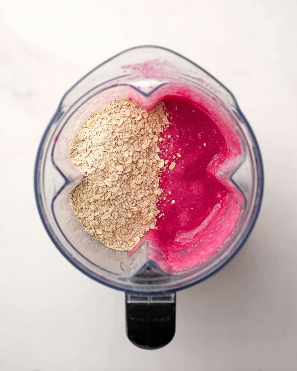 A clear blender container is shown from above on a white marbled surface, filled with two main layers of ingredients. On the left side, there is a thick layer of light brown powdery oats, while on the right side, there is a bright pink, smooth liquid or puree with a slightly frothy texture. The blender’s black handle is visible at the bottom of the image. The contrast between the beige oats and vibrant pink liquid stands out clearly against the clear blender and white marbled background. photo taken with an iphone --ar 4:5 --v 7