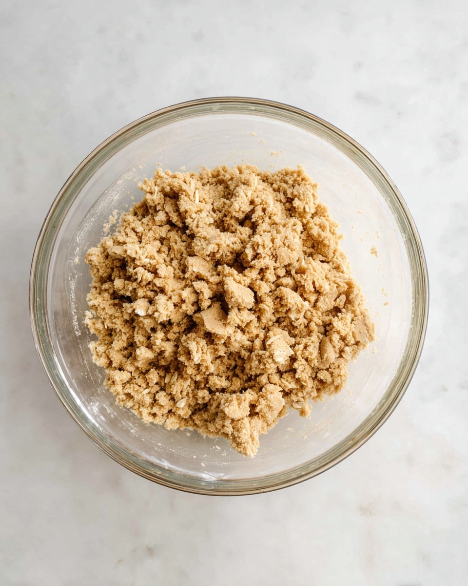 A clear glass bowl filled with a single layer of crumbly dough mixture that is light brown with visible oats, showing rough and uneven texture. The bowl sits on a white marbled surface, with no other objects around it. The dough appears loose and coarse, spread out but not tightly packed. Photo taken with an iphone --ar 4:5 --v 7