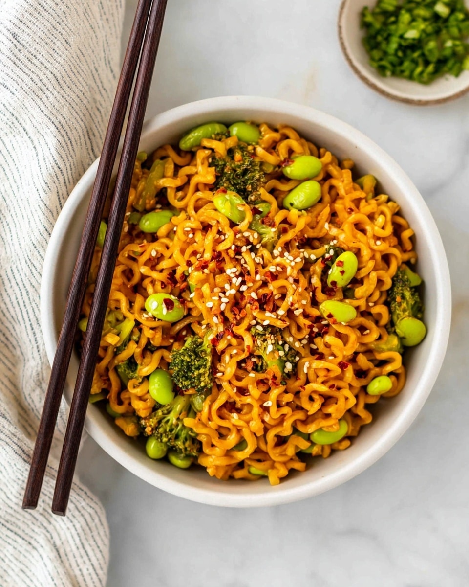 A white bowl filled with orange curly noodles mixed with bright green edamame beans and pieces of broccoli, topped with white sesame seeds and red chili flakes. Two dark brown chopsticks rest on the side of the bowl. The bowl is placed on a white marbled surface, with part of a striped white and gray cloth visible on the left side and a small bowl of chopped green herbs in the top right corner. photo taken with an iphone --ar 4:5 --v 7
