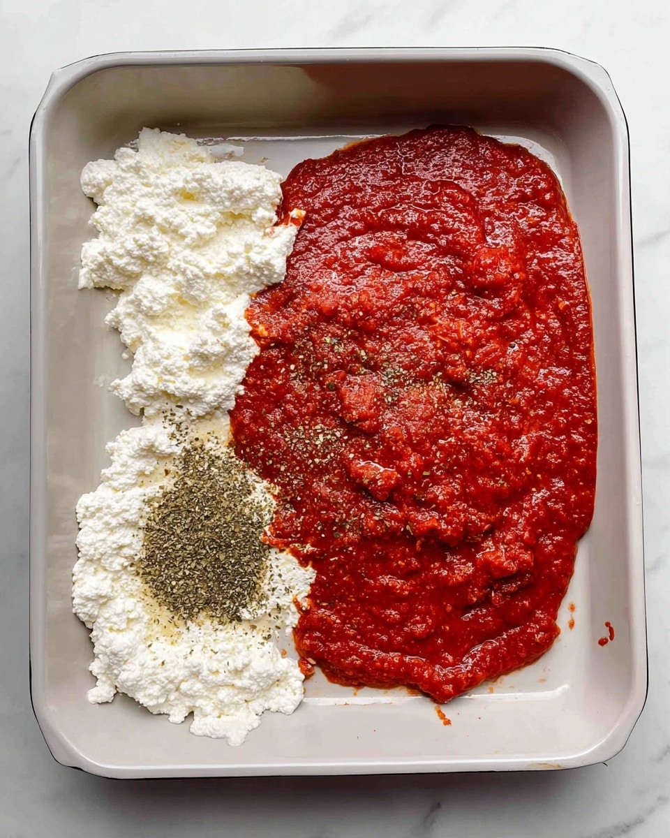 Inside a white baking pan, there are three main layers spread out separately: a large, thick layer of deep red tomato sauce with a smooth but slightly chunky texture takes up the center and most of the pan; on the bottom left corner, there is a pile of white ricotta cheese with a soft, lumpy texture; near the tomato sauce on the lower left side, there is a small pile of dried green herbs sprinkled over the sauce. The pan sits on a white marbled surface. Photo taken with an iphone --ar 4:5 --v 7