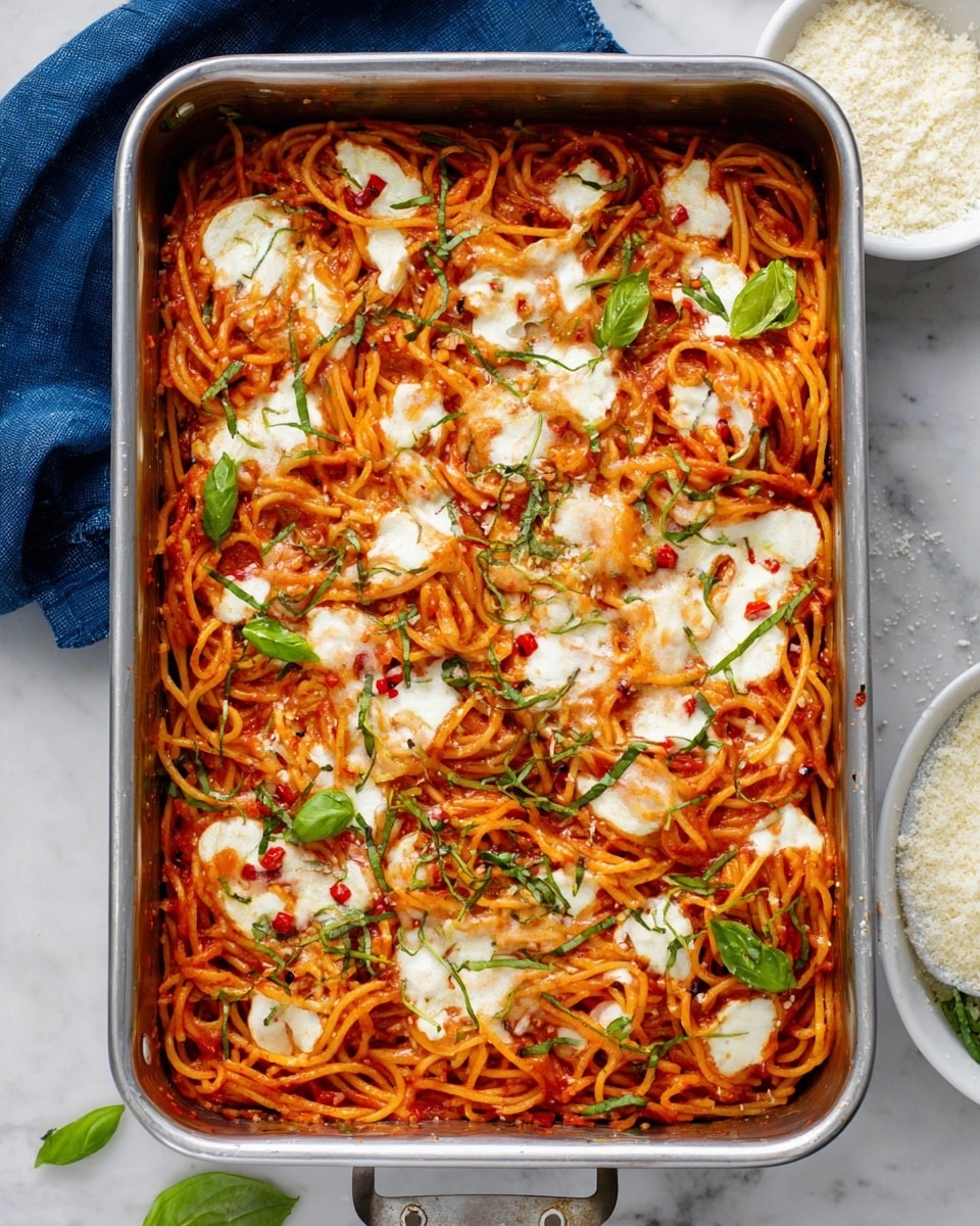 A silver rectangular baking pan filled with a single layer of spaghetti mixed with red tomato sauce, dotted with melted white cheese chunks spread evenly across the top, and garnished with thin green basil strips and small red chili flakes. The dish sits on a white marbled surface with a blue cloth partially visible on the upper left side, and a small white bowl filled with grated cheese or similar in the lower right corner. Photo taken with an iphone --ar 4:5 --v 7