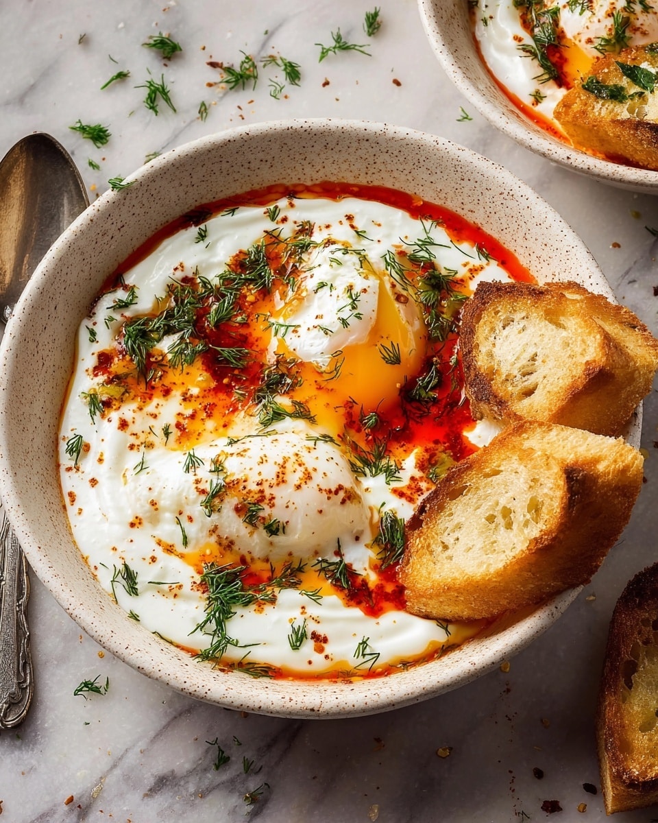 The dish shows two soft white poached eggs placed side by side on a creamy white yogurt sauce layer, drizzled with bright red spicy oil and sprinkled with small green herb leaves and finely chopped dill. The bottom layer is smooth and white, covering the entire base of the white speckled bowl. On the right side, there are three pieces of toasted golden-brown baguette slices leaning against the bowl's edge. The background is a white marbled surface with scattered small green herbs, and a vintage silver spoon is partially visible on the left side. photo taken with an iphone --ar 4:5 --v 7