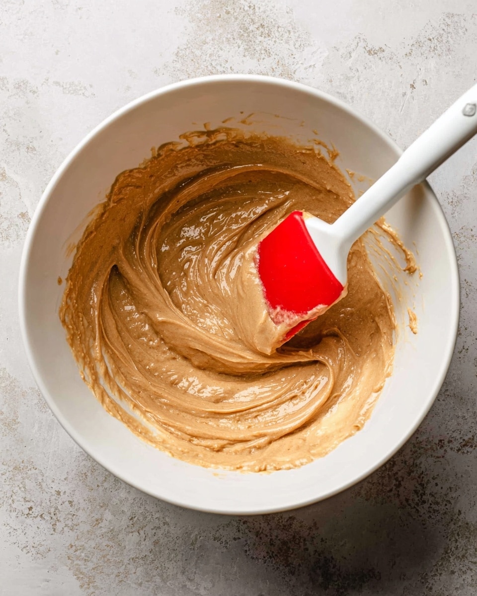 A white mixing bowl contains a creamy light brown batter with a smooth and slightly thick texture. Inside the bowl rests a spatula with a white handle and a bright red flexible silicone tip, partially covered in batter. The batter is spread evenly with some visible gentle swirls from mixing. The bowl is placed on a white marbled surface with subtle light veins and a clean appearance. Photo taken with an iphone --ar 4:5 --v 7