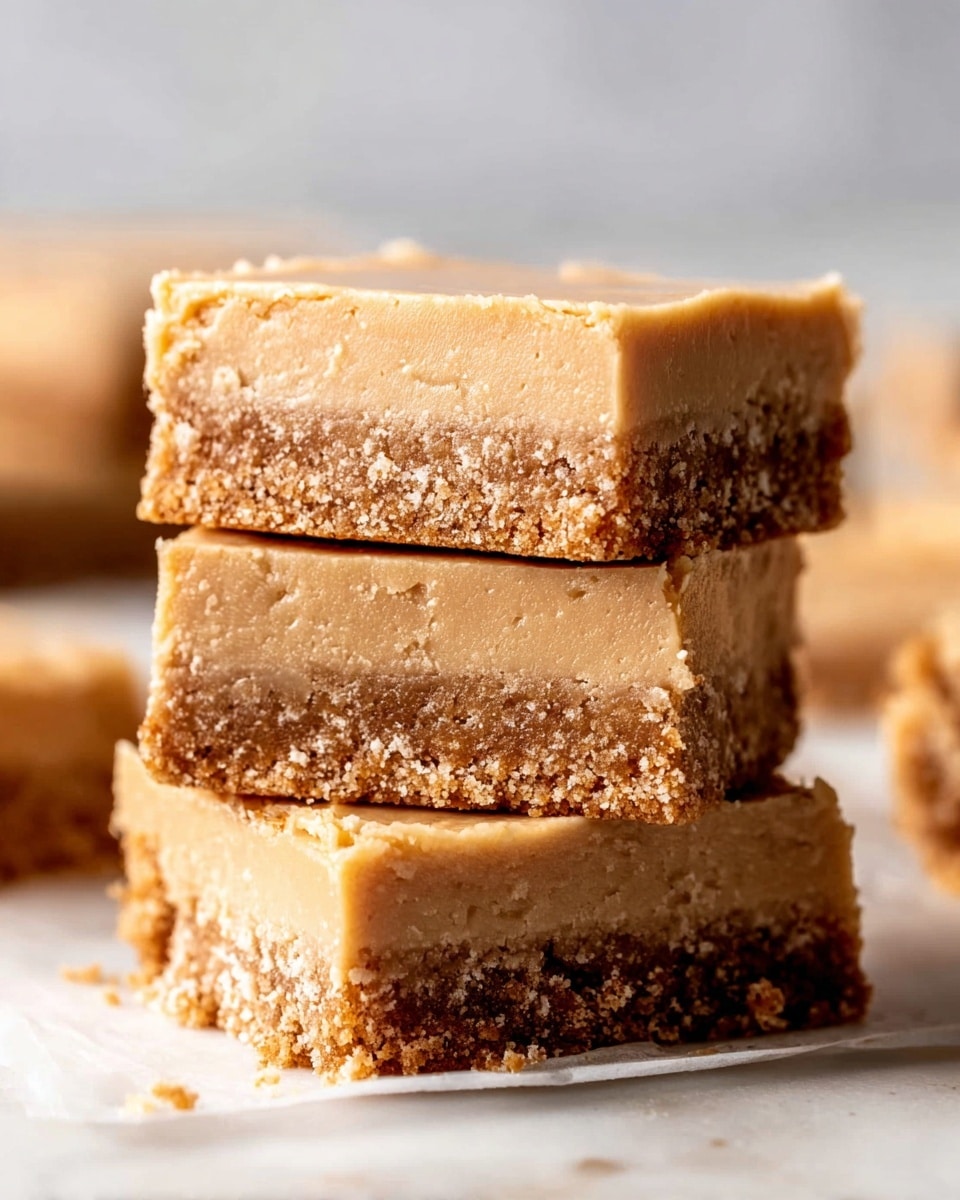 Three stacked dessert bars are shown close up on a white marbled surface, each bar having two layers. The bottom layer of each bar is dense and crumbly with a brown color, slightly lighter around the edges, and shows a coarse texture with small bits throughout. The top layer is a smooth, creamy caramel color with a soft texture, appearing thick and evenly spread over the bottom layer. More bars can be seen blurred in the background, and the lighting highlights the textures clearly. Photo taken with an iphone --ar 4:5 --v 7