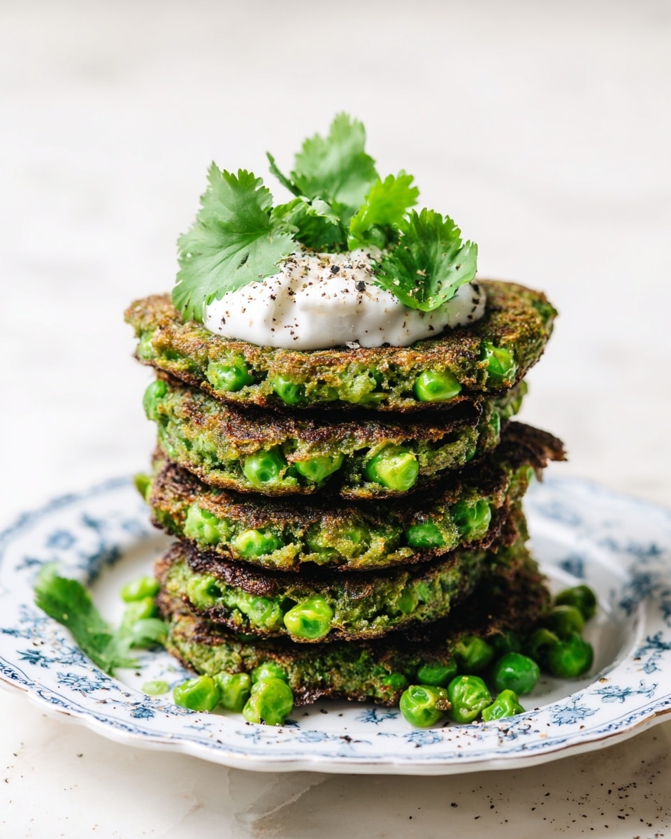A tall stack of six green pea fritters with a crispy, slightly browned texture on the outside and visible whole green peas inside each layer. On top of the stack sits a dollop of white cream with black pepper sprinkled over it and fresh green cilantro leaves placed on the cream. The fritters are on a white plate with delicate blue patterns. The whole scene is set on a white marbled surface. photo taken with an iphone --ar 4:5 --v 7