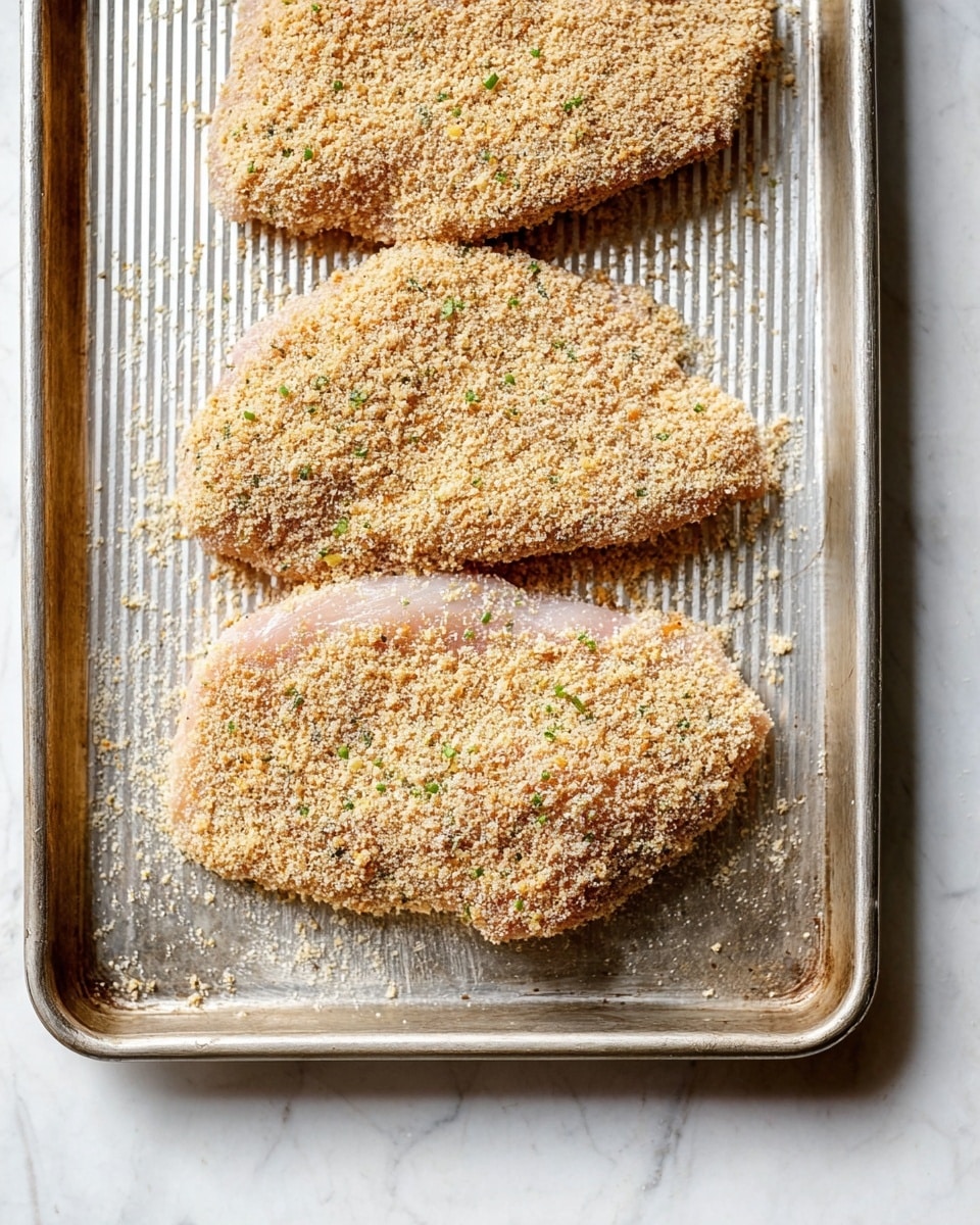 The image shows two pieces of raw chicken covered in a thick layer of light brown breadcrumbs with small green herb specks, placed side by side on a ridged metal baking tray. The coating looks coarse and evenly spread, giving the chicken a textured, grainy appearance. The tray sits on a surface with a white marbled texture, adding a clean and bright background to the scene. photo taken with an iphone --ar 4:5 --v 7