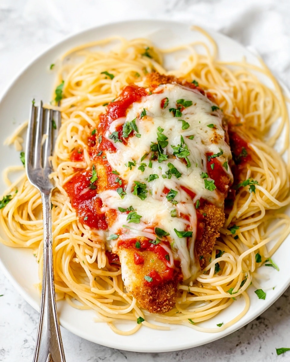 On a white plate with a white marbled texture surface, there is a bed of light yellow cooked spaghetti. On top of the pasta, there is a single golden-brown breaded chicken piece covered with bright red tomato sauce. Melted white cheese is spread evenly over the chicken, and fresh green chopped herbs are sprinkled over the cheese, chicken, tomato sauce, and pasta. A silver fork and spoon rest on the spaghetti to the left side of the plate. The overall image is bright with a clear focus on the textures of the melted cheese and the pasta strands photo taken with an iphone --ar 4:5 --v 7