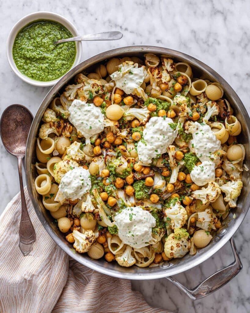 Roasted Cauliflower and Chickpea Pesto Pasta Recipe