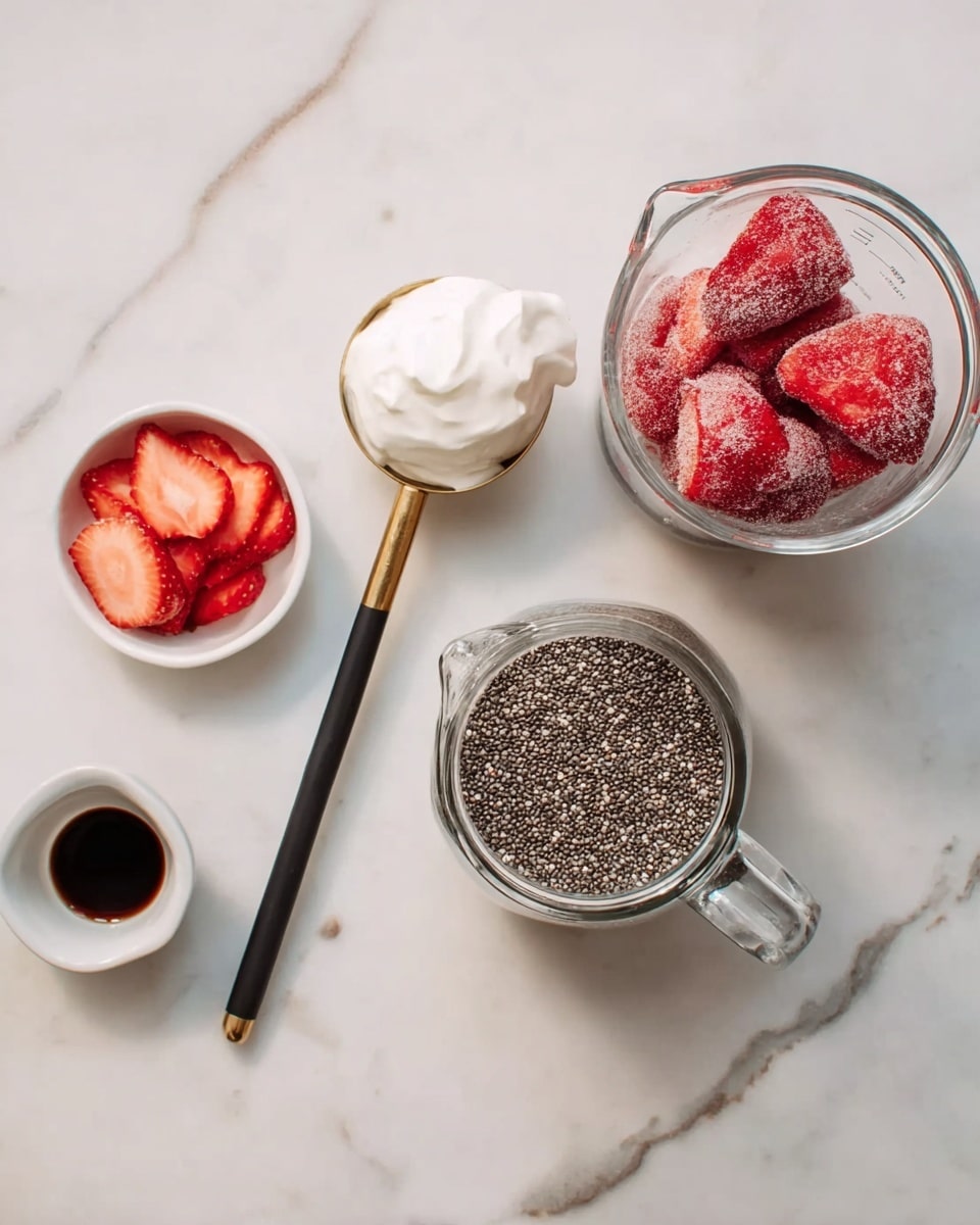 The image shows ingredients for a simple recipe arranged on a white marbled surface. There is a clear glass measuring cup filled with frozen red strawberries at the top right. Below it is a glass jar full of small black and white chia seeds. On the left side, there is a gold and black scoop holding white creamy yogurt. Near the top left, a small white bowl contains thin slices of strawberries. Below the bowl, there is a tiny white cup with a dark liquid, likely vanilla extract. The setup is neat and all ingredients are clearly visible. photo taken with an iphone --ar 4:5 --v 7