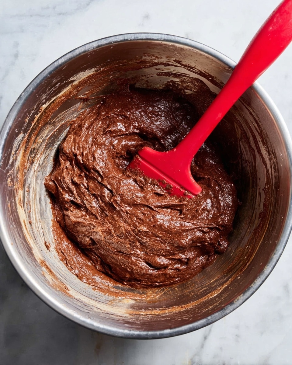 A stainless steel bowl holds a thick, dark brown chocolate batter with a slightly rough and shiny texture. The batter fills most of the bowl, showing some air bubbles and folds, giving it a rich and dense look. A bright red silicone spatula rests inside the bowl, its edge covered in batter, adding a pop of color. The bowl sits on a white marbled surface, with some batter splashes around its edges. photo taken with an iphone --ar 4:5 --v 7