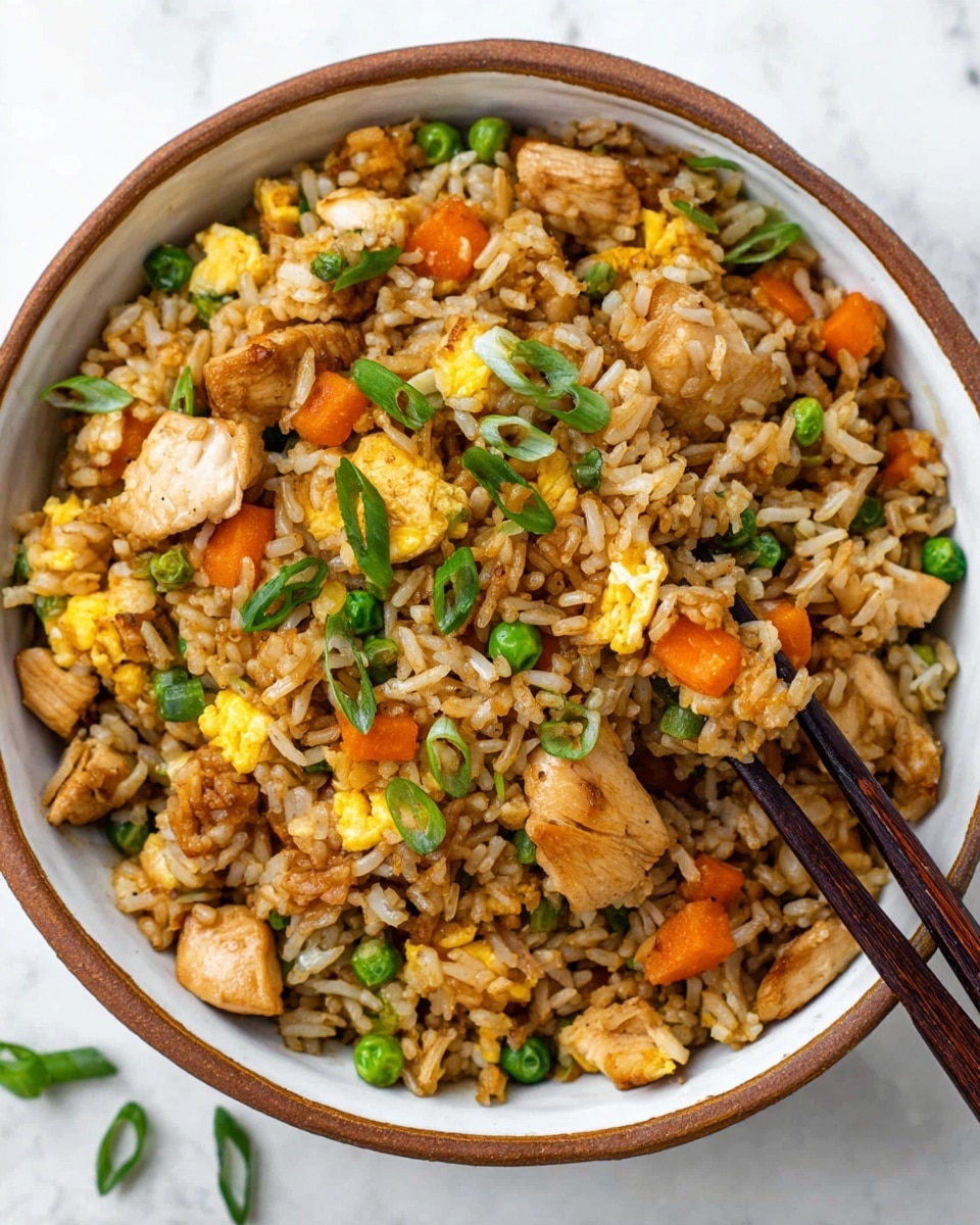 A bowl filled with fried rice showing a mix of layers including white rice grains coated lightly with soy sauce giving a glossy brown tint, cooked egg pieces in bright yellow scattered through the rice, orange carrot cubes, green peas, and small pieces of cooked light brown chicken. There are also bits of translucent cooked white onion and garnished green onion slices on top. Dark wooden chopsticks hold some rice and chicken at the bottom of the white bowl with a brown rim, all placed on a white marbled surface. Photo taken with an iphone --ar 4:5 --v 7