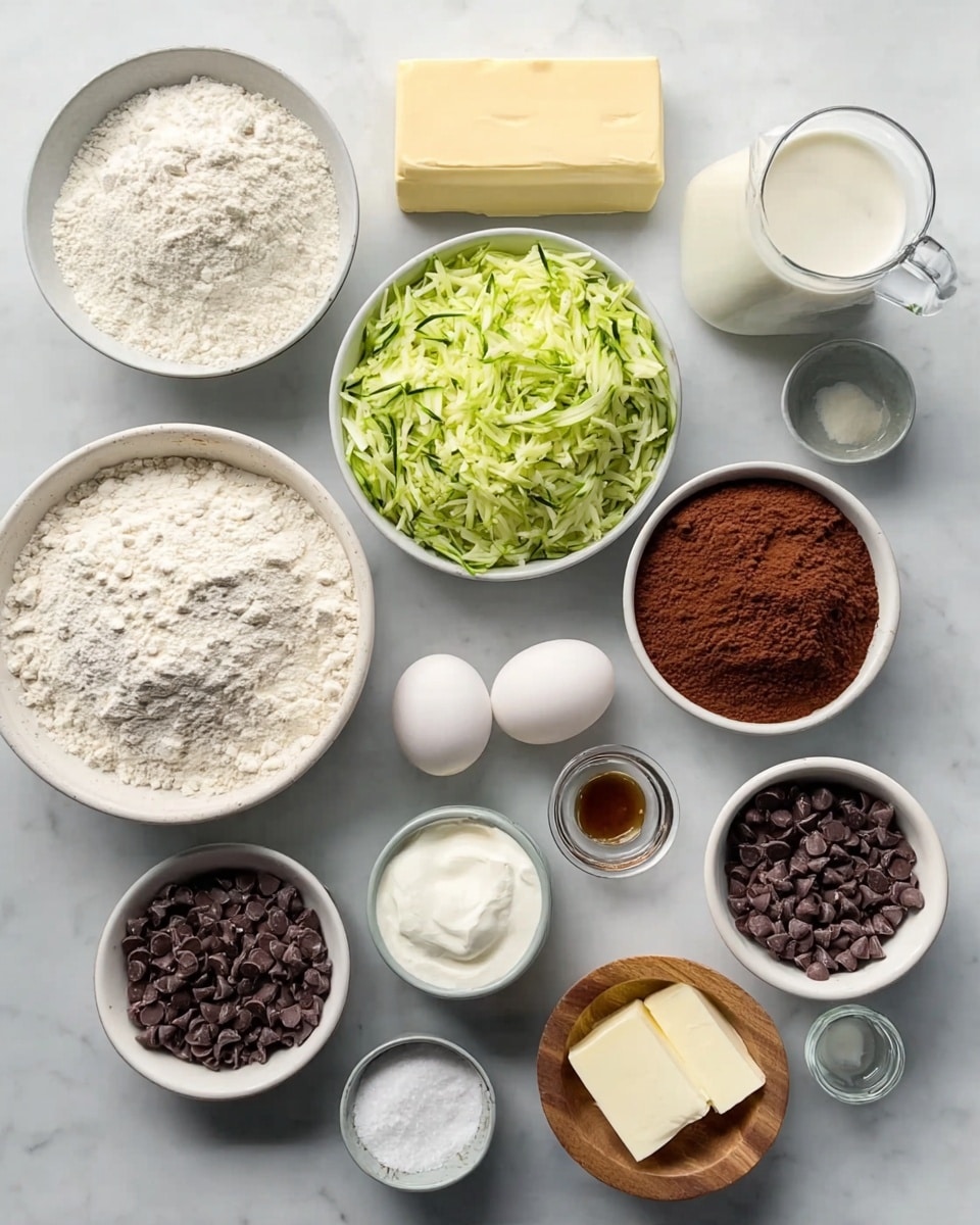 The image shows multiple bowls and containers with baking ingredients neatly arranged on a white marbled surface. There is a large white bowl filled with white flour at the bottom left center, next to a white bowl full of shredded green zucchini. Above these, a bar of pale yellow butter, two white eggs, a white bowl filled with white sugar, and a white bowl with a rich brown cocoa powder are placed in a row. Two small white bowls filled with chocolate chips are placed near the bottom, one closer to the shredded zucchini and the other near a glass jug of milk. A small wooden bowl with white baking soda, a small gray bowl with salt, a tiny glass of vanilla extract, and a small white bowl of white sour cream are positioned around the other ingredients. All objects are clearly visible with good lighting. photo taken with an iphone --ar 4:5 --v 7
