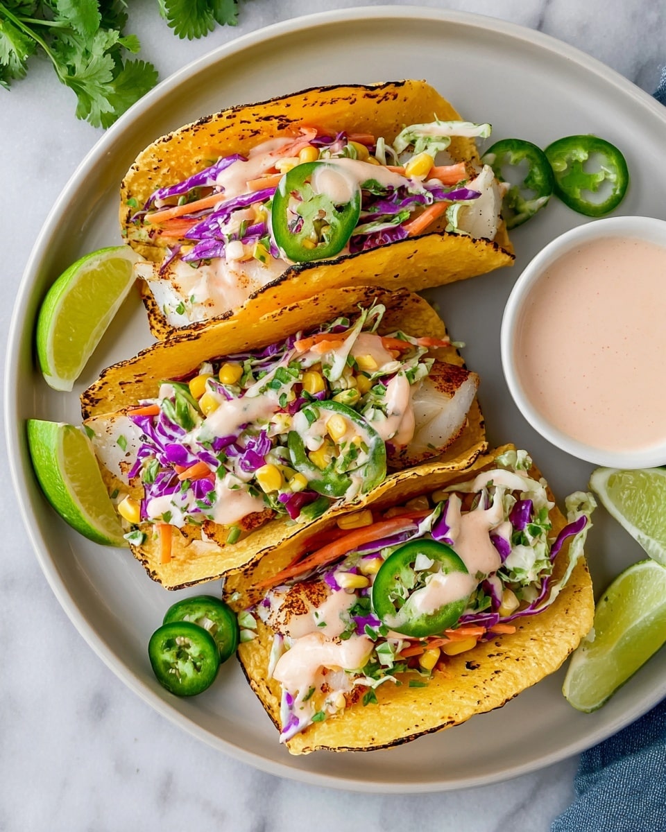 Three tacos are placed on a white plate with a white marbled background underneath. Each taco has a lightly charred yellow corn tortilla folded in half. Inside, there are pieces of white fish at the bottom, followed by a colorful slaw made of thin purple cabbage, orange carrot strips, and small yellow corn kernels mixed with green herbs. Bright green jalapeño slices are scattered inside each taco. A creamy, light pink sauce is drizzled on top of the slaw in each taco. Lime wedges sit on the plate around the tacos, with fresh cilantro and sliced jalapeños nearby. A white bowl with extra pink sauce is also on the edge of the plate. Photo taken with an iphone --ar 4:5 --v 7