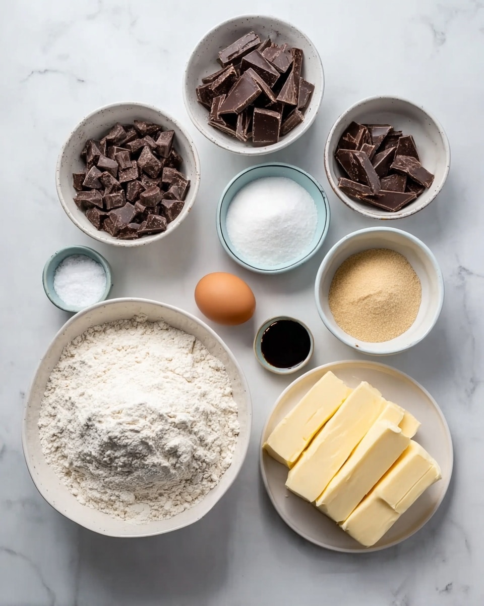 The image shows nine white bowls and plates arranged on a white marbled surface. The largest white bowl in the center contains a fine white flour. Around it are several smaller white bowls: one with large dark chocolate chips, one with chopped dark chocolate pieces, one with fine white sugar, one with a small amount of salt, and one with a light yellow creamy ingredient. There is a small white bowl with a dark liquid extract, a white bowl with pale brown sugar, a single brown egg placed on the surface, and a white plate with a thick piece of pale yellow butter cut into smaller parts. The overall look is neat and clean, with ingredients grouped neatly. Photo taken with an iphone --ar 4:5 --v 7