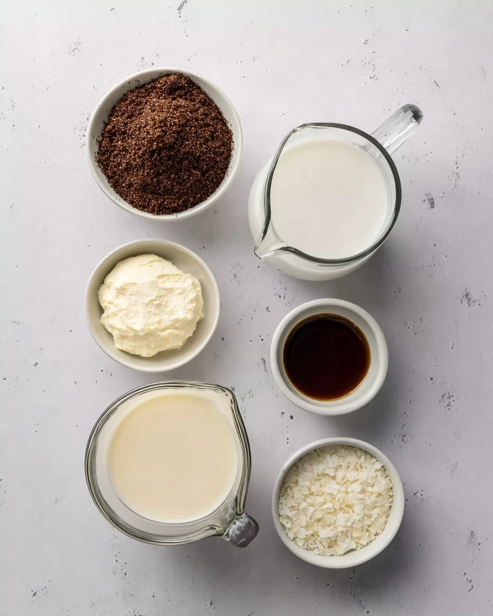 The image shows six clear and white containers filled with different ingredients arranged on a white marbled surface. At the top left is a white bowl filled with a dark brown, fine, crumbly powder. To its right, a clear glass jug holds white liquid. Below the jug, a small white bowl contains a thick, dark brown syrup. In the middle left, a small white bowl holds a thick off-white substance. At the bottom left, a larger clear glass jug is filled with a creamy white liquid, and at the bottom right, a white bowl is filled with small white flakes. photo taken with an iphone --ar 4:5 --v 7