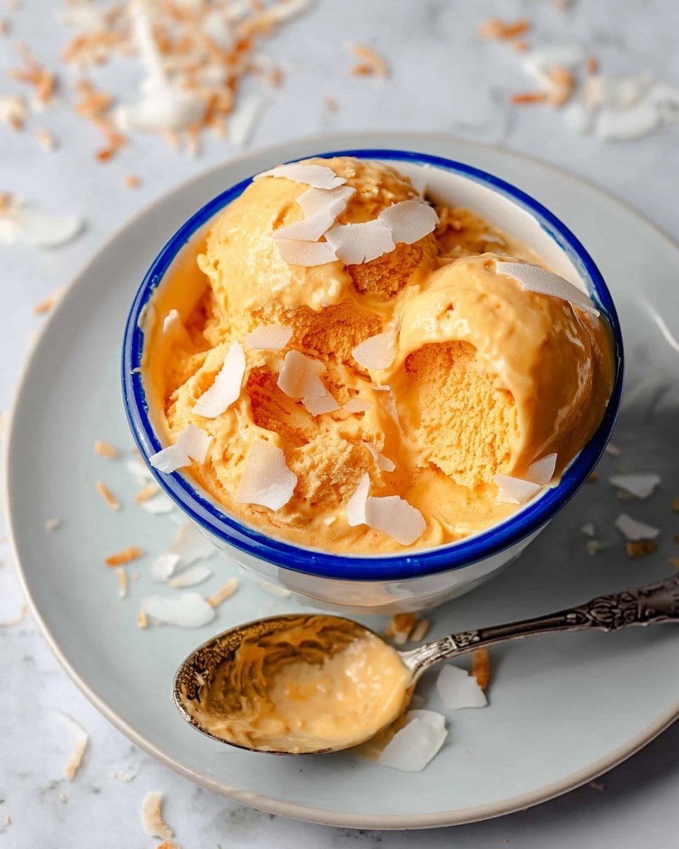 A small bowl filled with creamy orange ice cream that has been scooped twice, showing its soft and slightly textured inside. The ice cream is topped with light white coconut flakes scattered on top and around the bowl. The bowl has a blue rim and is placed on a white plate. Next to the bowl on the plate, there is a spoon with an ornate handle, holding some of the same orange ice cream. The whole scene is set on a white marbled surface, with a few coconut flakes scattered around for decoration. Photo taken with an iphone --ar 4:5 --v 7