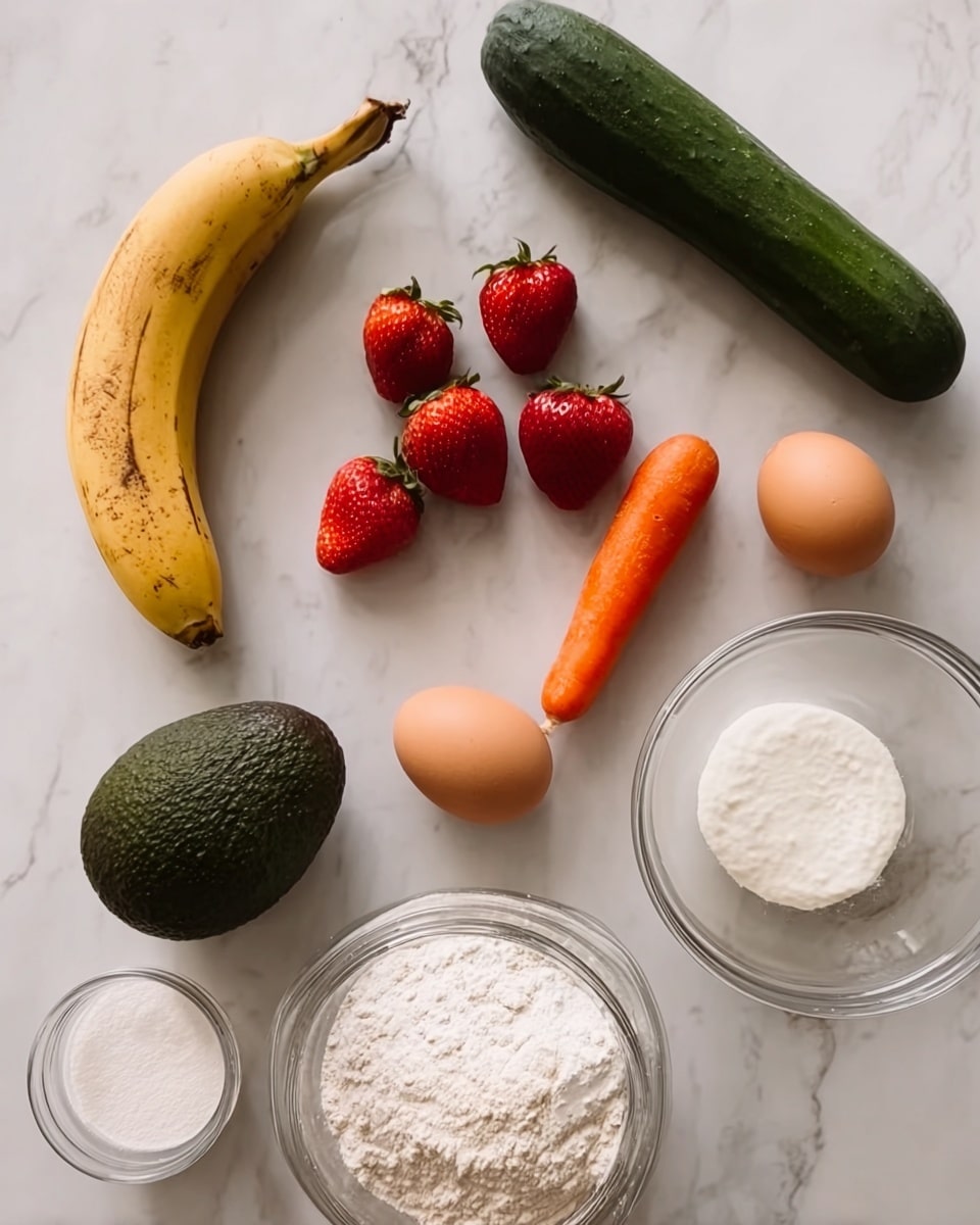 The image shows a white marbled surface with several ingredients neatly placed on it. In the top left corner is a ripe banana with brown spots. Below the banana are nine small red strawberries with green tops. To the right of the banana is a long, dark green cucumber and next to it is a bright orange carrot. Below the carrot and cucumber is a whole, dark green avocado. On the bottom right, there is a clear glass bowl filled with a white creamy substance. Close to the bowl, there are two brown eggs side by side. Near the bottom left of the image is a small glass bowl filled with white powder, probably baking powder or flour. In the bottom center, there is a large glass jar filled with white flour, with the lid open and tilted forward. photo taken with an iphone --ar 4:5 --v 7