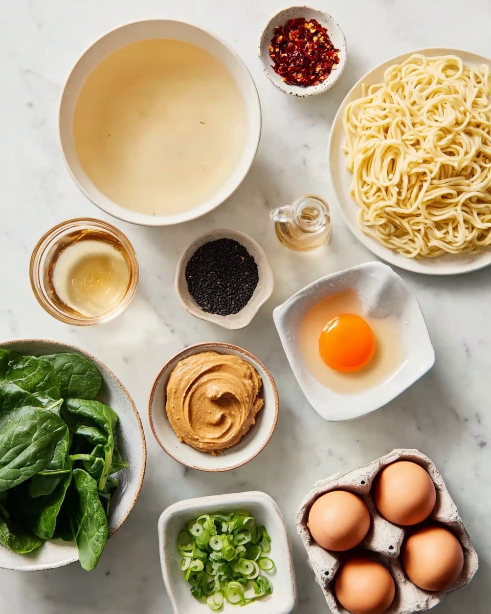 The image shows a white marbled surface with various white bowls and small dishes arranged neatly. There is a large bowl with clear broth on the left, a small bowl with dark red chili flakes and oil above it, and a plate with pale yellow cooked noodles on the top right. A small glass container with light brown liquid sits below the noodles. Below the broth, there is a bowl containing brown peanut butter and next to it a bowl with a thick beige paste. Nearby is a small bowl with black sesame seeds, a bowl holding fresh green spinach leaves, and a square bowl with chopped green onions. A small white bowl on the right holds a raw egg with a bright orange yolk. An open carton with two brown eggs is placed on the lower right side. A woman's finger touches the edge of the broth bowl. The background is simple and clean. photo taken with an iphone --ar 4:5 --v 7