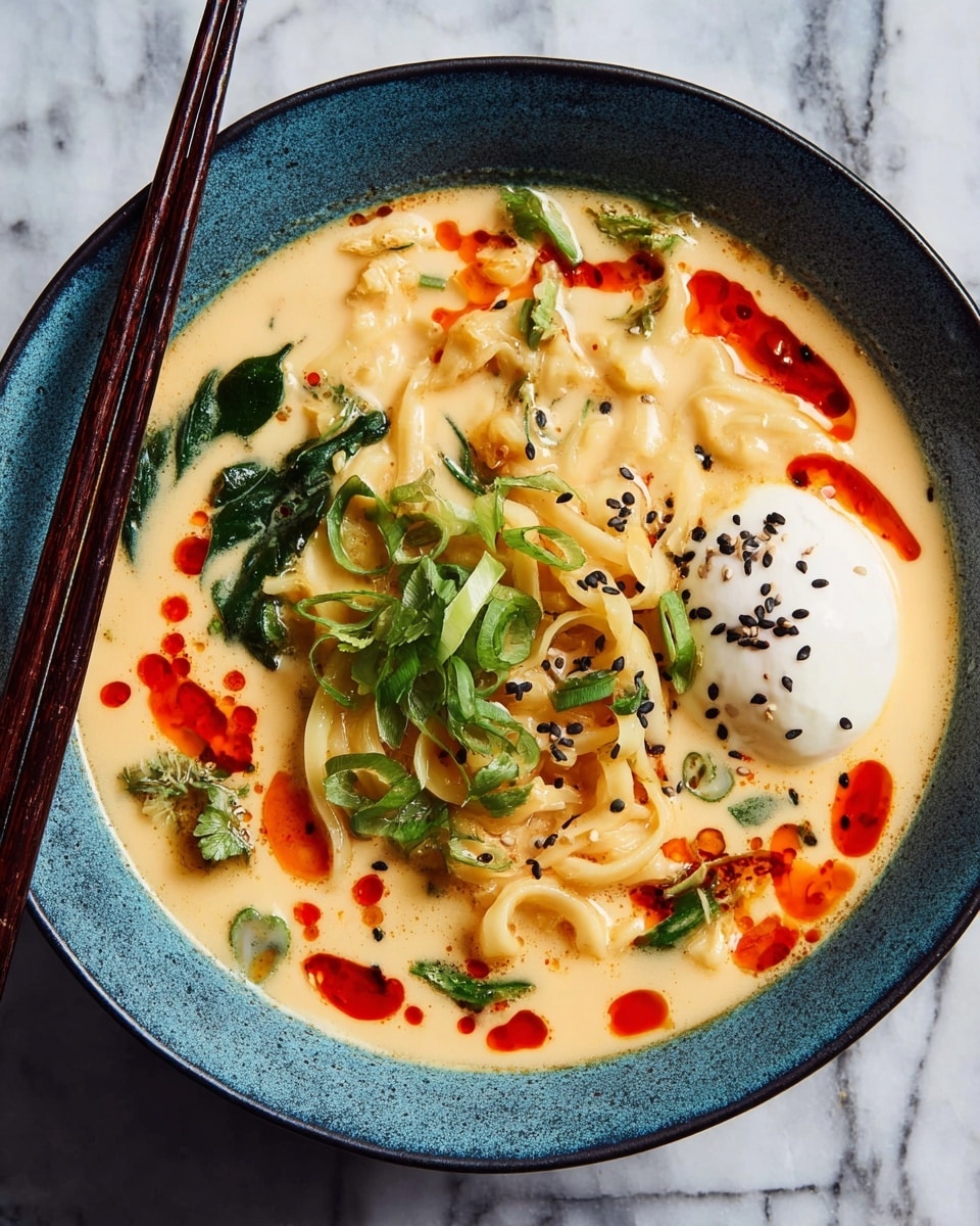 A blue bowl filled with creamy light beige broth as the base layer, containing thick pale yellow noodles arranged in loose loops near the top right. A poached egg with a smooth, white surface sits slightly off-center, topped with small black sesame seeds. Bright red chili oil is drizzled over the soup creating vibrant splashes mainly around the noodles and egg. Scattered green chopped scallions and small dark green spinach leaves add fresh color pops throughout. The bowl rests on a white marbled surface, with a pair of dark wooden chopsticks placed on the left side, angled diagonally across the bowl. Photo taken with an iphone --ar 4:5 --v 7