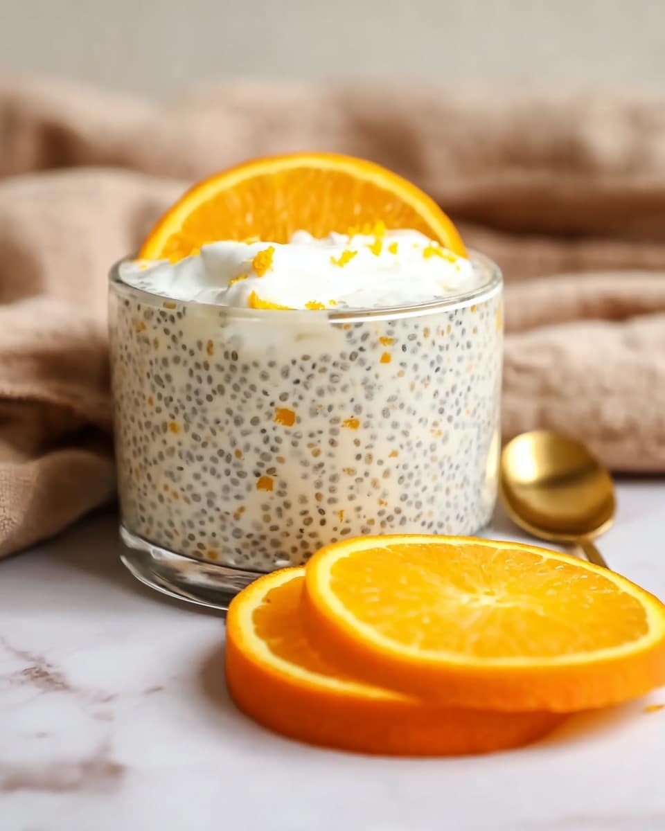 A clear glass cup filled with creamy white chia pudding speckled with black chia seeds and small bits of orange zest, topped with a dollop of white yogurt and a bright orange wedge placed at the back edge of the cup. In front of the cup, there are two large, fresh orange slices resting on a white marbled surface. A small gold spoon is partially visible on the right side. The background is soft and blurred with neutral beige fabric that adds a cozy feel. Photo taken with an iphone --ar 4:5 --v 7