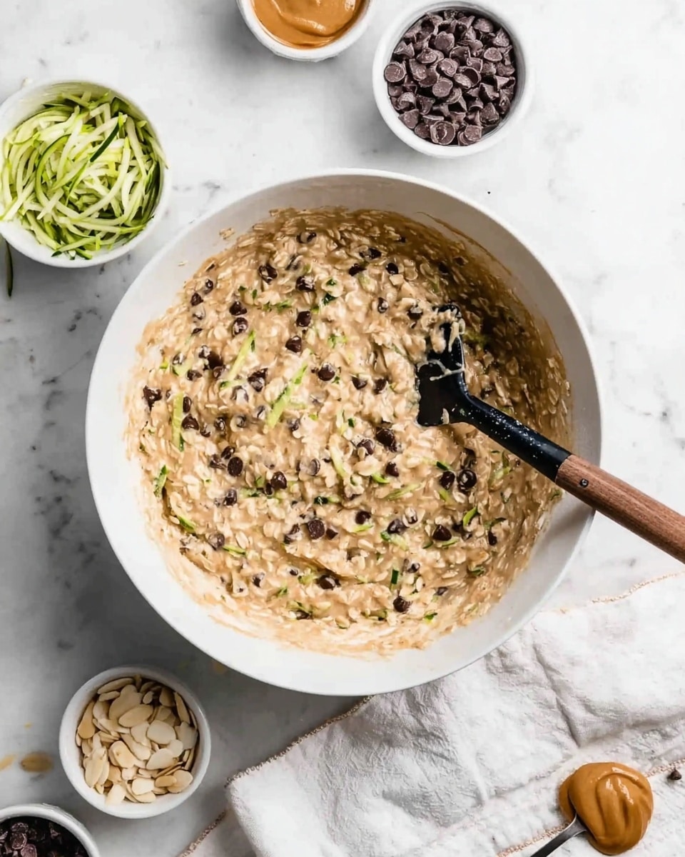 A white bowl filled with a creamy mixture containing oats, small dark chocolate chips, and shredded green zucchini, showing a thick texture with visible bits spread evenly; a black spatula with a wooden handle is partially dipped into the mixture, resting inside the bowl. Around the bowl are small white bowls, one with shredded green zucchini, one with sliced almond pieces, and one with dark chocolate chips, all placed on a white marbled surface. A spoon with peanut butter rests on a white cloth beside the bowl. photo taken with an iphone --ar 4:5 --v 7