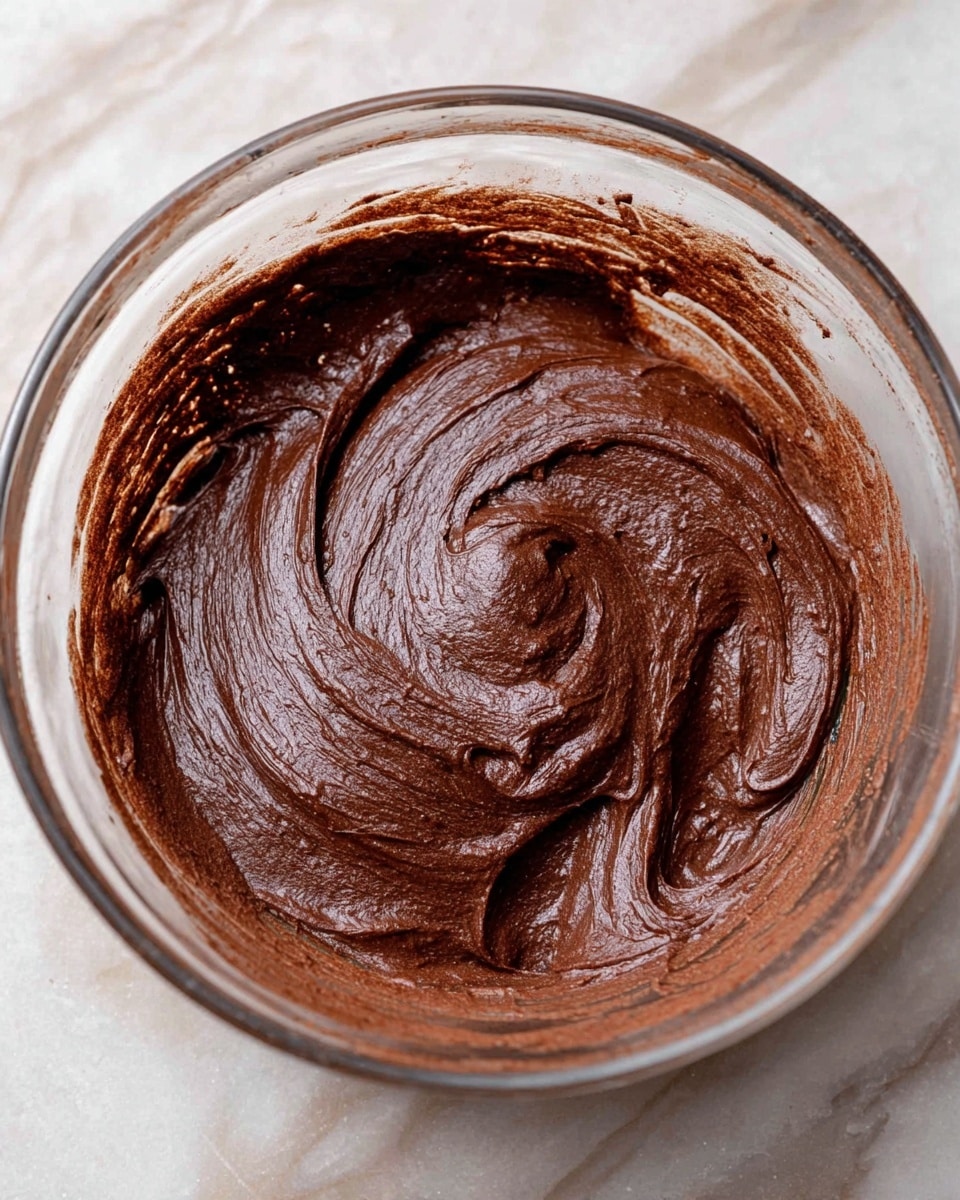 A clear glass bowl sits on a white marbled surface filled with one layer of thick, smooth, dark brown chocolate batter. The batter swirls gently with a shiny and slightly textured surface, and it clings to the sides of the bowl showing some streaks of mixing. Photo taken with an iphone --ar 4:5 --v 7
