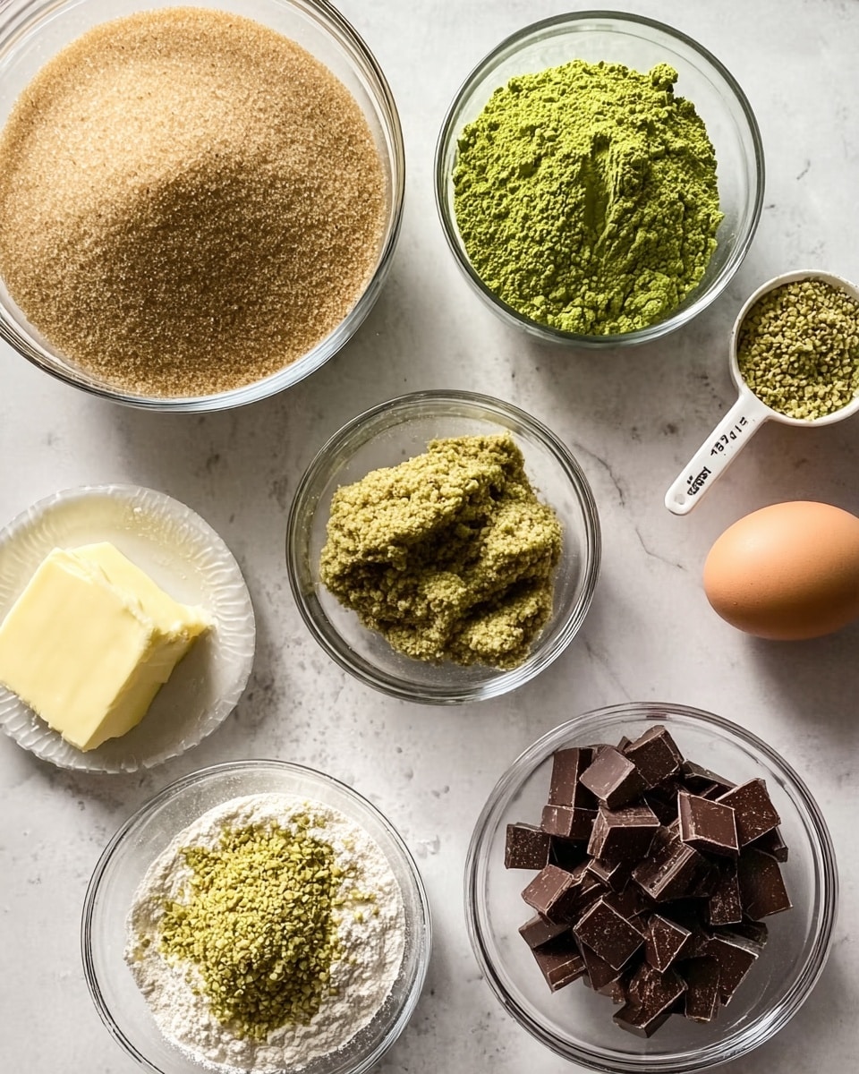 A top-down view shows various ingredients placed in clear glass bowls and an egg on a white marbled surface. Starting from the top left, there is a large bowl filled with light brown sugar; next to it on the right is a small bowl with bright green matcha powder. Below the matcha bowl is a bowl with a green paste, likely pistachio or similar, with a rough texture. Below the brown sugar bowl is a bowl of white flour with a coarse texture. Near the center bottom is another bowl filled with finely ground green nuts or powder. To the right of this is a white measuring cup filled with dark chocolate chunks, with a smooth and shiny texture. At the bottom left is a bowl holding a thick pale yellow butter. A single brown egg rests near the chocolate and green paste bowls. The photo is taken with an iphone --ar 4:5 --v 7