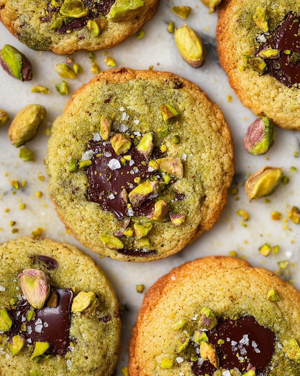 The image shows several soft, round pistachio cookies lying flat on a white marbled surface. Each cookie has a golden-brown outer layer with a slightly green tint in the center, indicating the pistachio flavor. Crushed pistachios and small chunks of melted dark chocolate are sprinkled across the tops, adding texture and pops of green and dark brown. Some whole pistachio nuts and a few flakes of salt are scattered around the cookies on the white marbled background, making the scene look fresh and tasty. Photo taken with an iphone --ar 4:5 --v 7