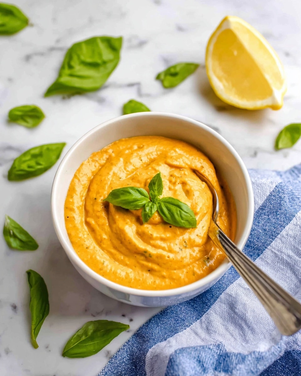 A small white bowl filled with a thick, creamy orange sauce that has a slightly textured surface, with swirls showing its smoothness. The sauce is topped with two bright green basil leaves in the center. A silver spoon is placed inside the bowl on the right side, partly dipped into the sauce. Around the bowl are scattered fresh green basil leaves and a half lemon with a bright yellow interior, all placed on a white marbled surface. A blue and white striped cloth is positioned on the lower right corner near the bowl. photo taken with an iphone --ar 4:5 --v 7