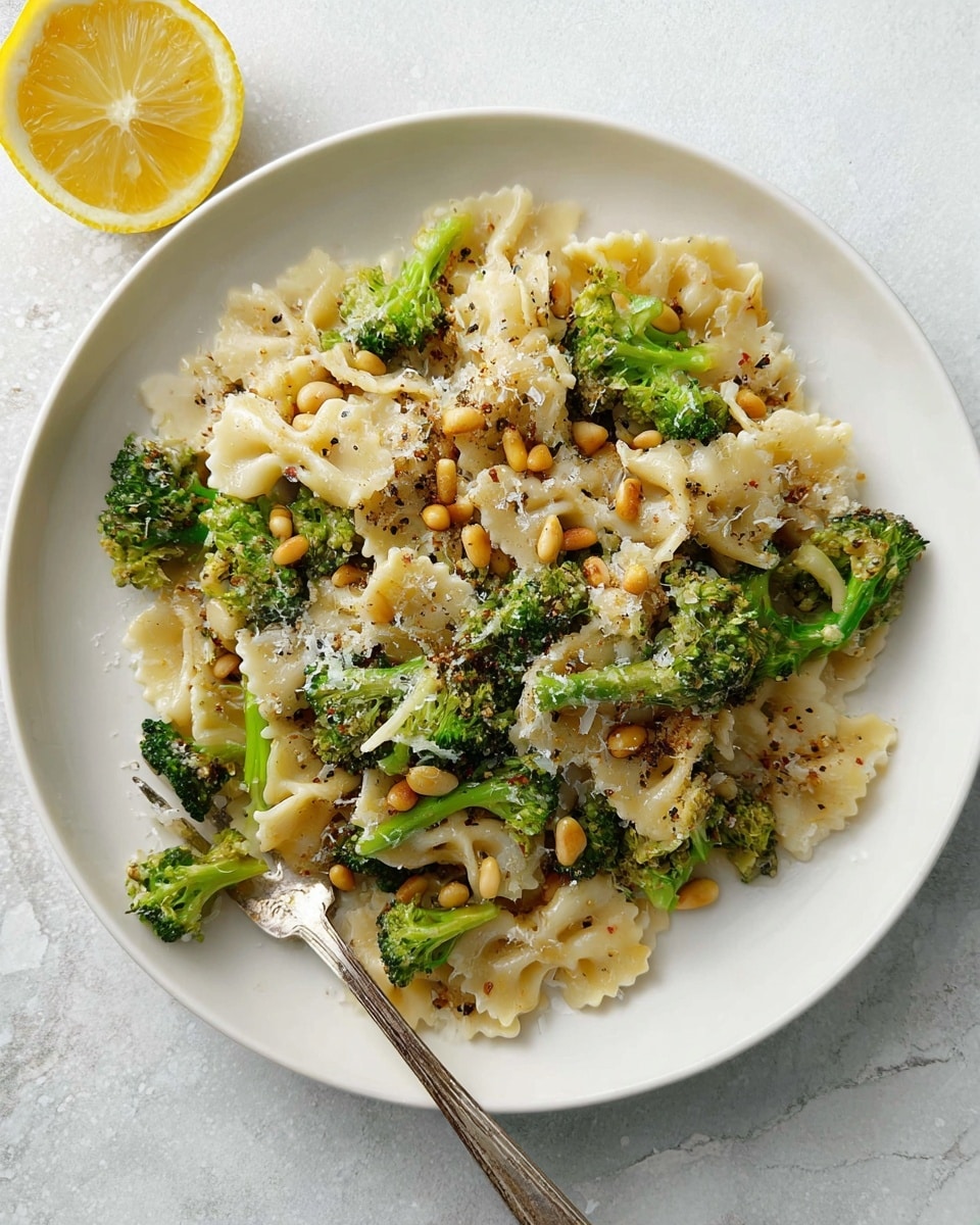 A white plate holds a dish with three main layers: at the bottom, there is a bed of wavy, light cream-colored pasta; mixed throughout the pasta are bright green broccoli florets; scattered on top are small golden-brown toasted pine nuts. Sprinkled finely over the dish is grated white cheese with a bit of black pepper on top. To the bottom left of the plate, a silver fork rests with a few pieces of pasta and broccoli on its tines. In the upper left corner of the image, there is a squeezed half lemon sitting on a white marbled surface. photo taken with an iphone --ar 4:5 --v 7
