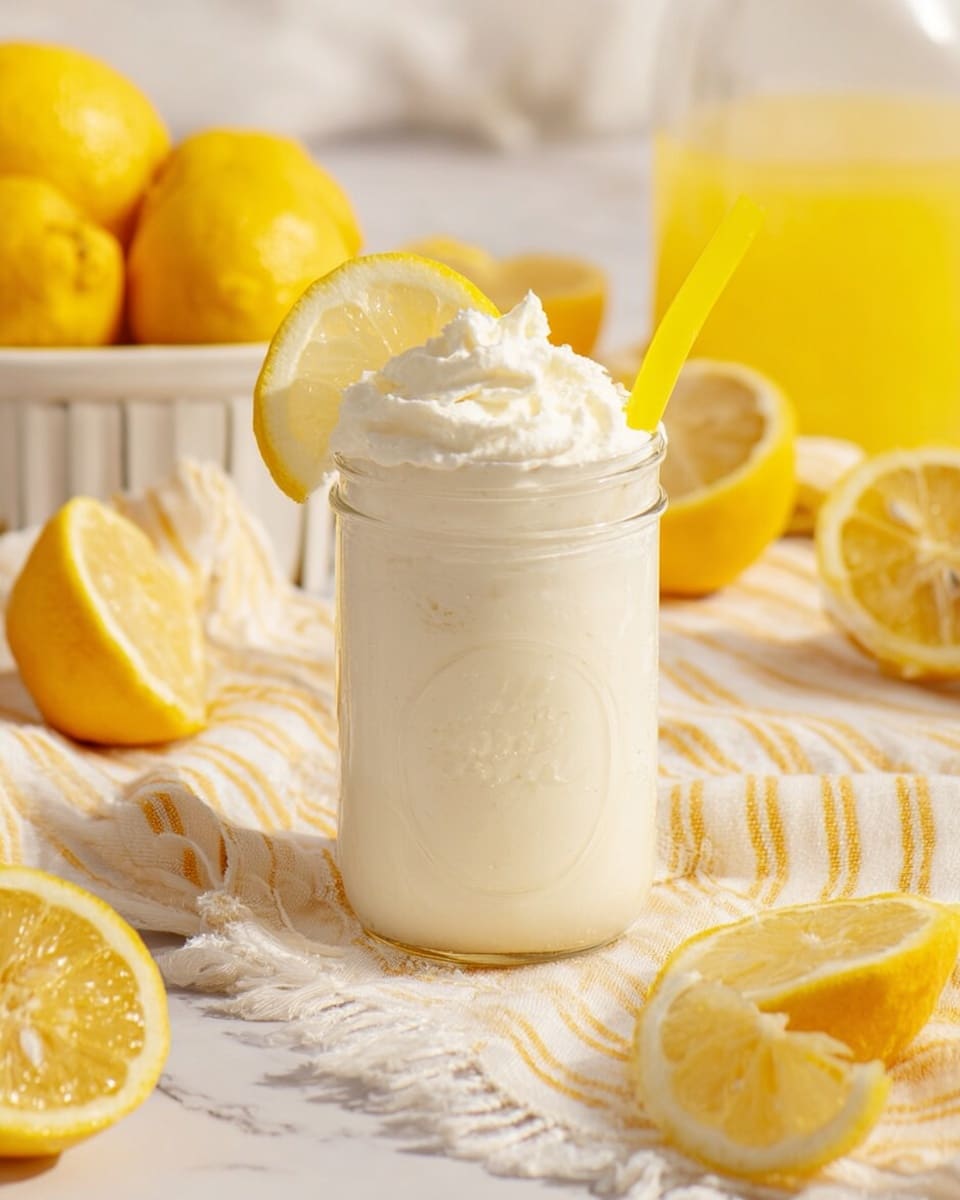 A clear glass jar filled with a thick white creamy drink topped with soft whipped cream, with a bright yellow straw inserted near the back. The jar is adorned with two thin lemon slices, one behind and one on the rim. Around the jar are whole yellow lemons and lemon slices on a white striped cloth with yellow and beige tones, all set on a white marbled surface. In the background, there is a white container holding more lemons and a glass jar filled with a yellow liquid. The lighting is soft and bright, giving a fresh and clean feel photo taken with an iphone --ar 4:5 --v 7